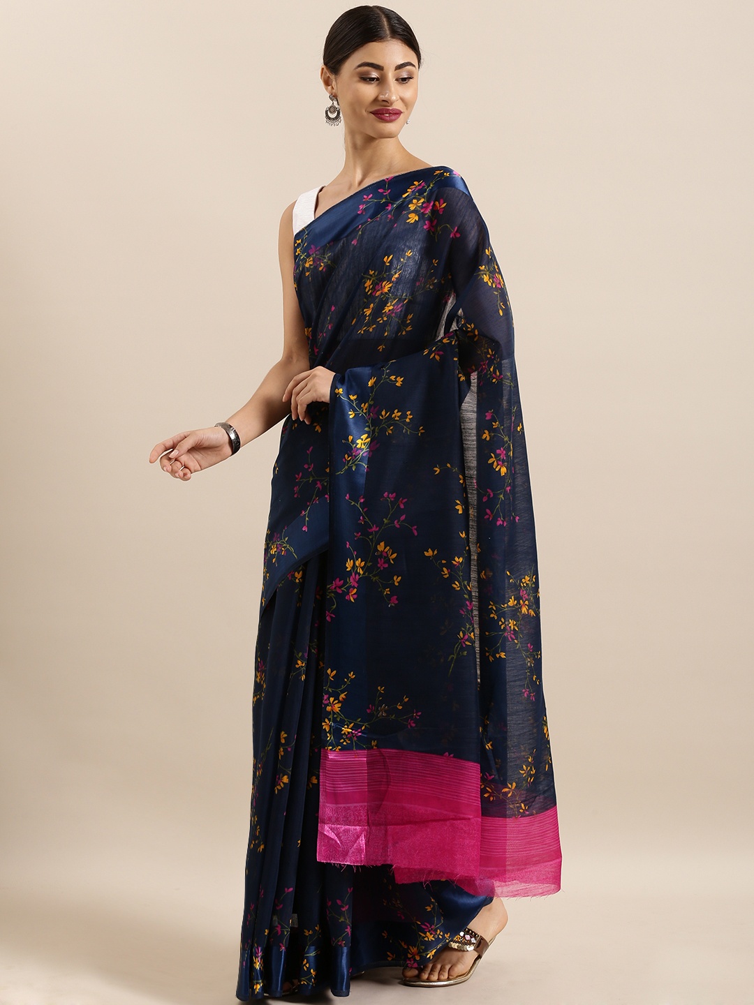 

KALINI Navy Blue & Pink Linen Blend Printed Saree