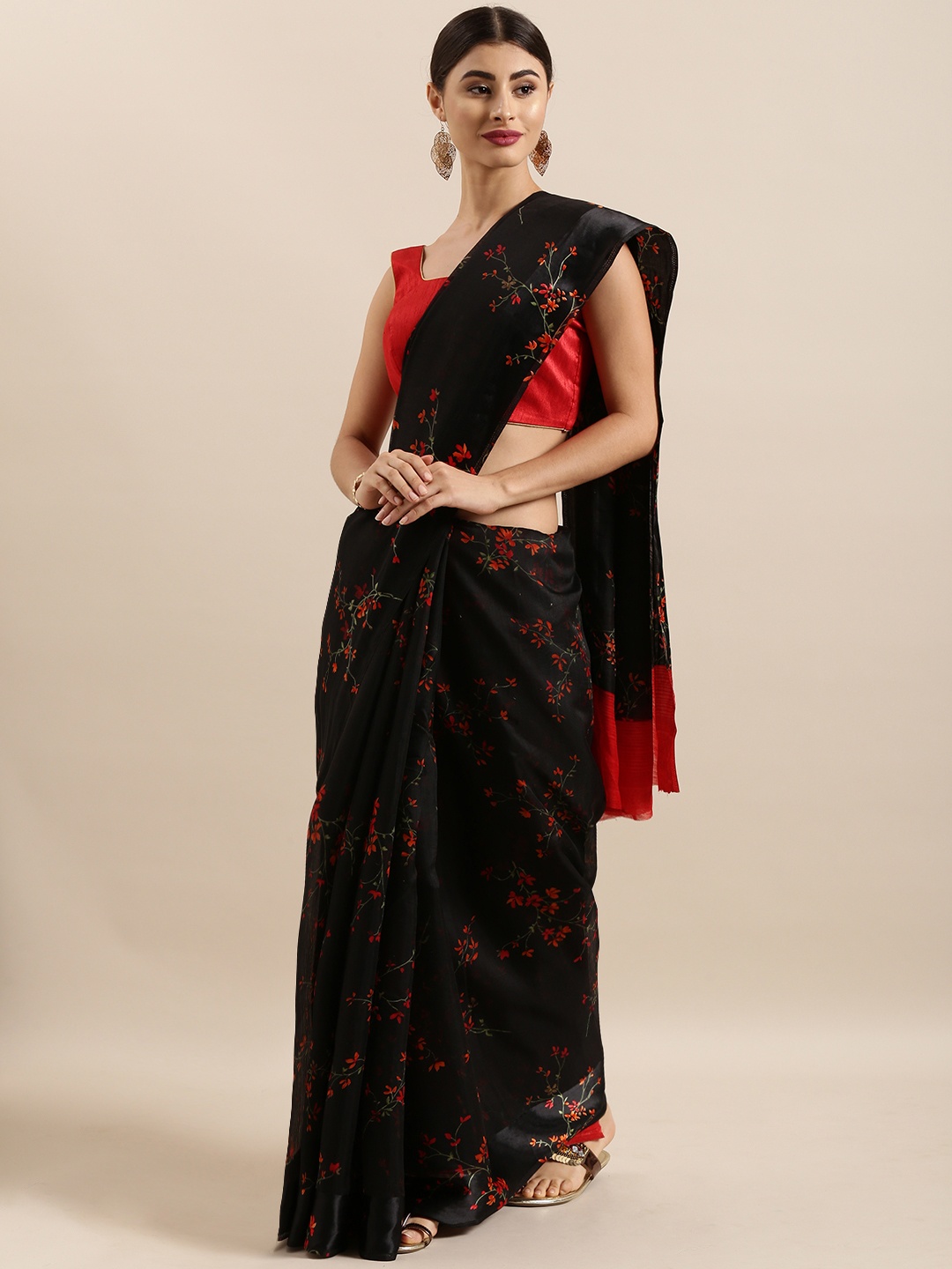 

KALINI Black & Red Linen Blend Printed Saree