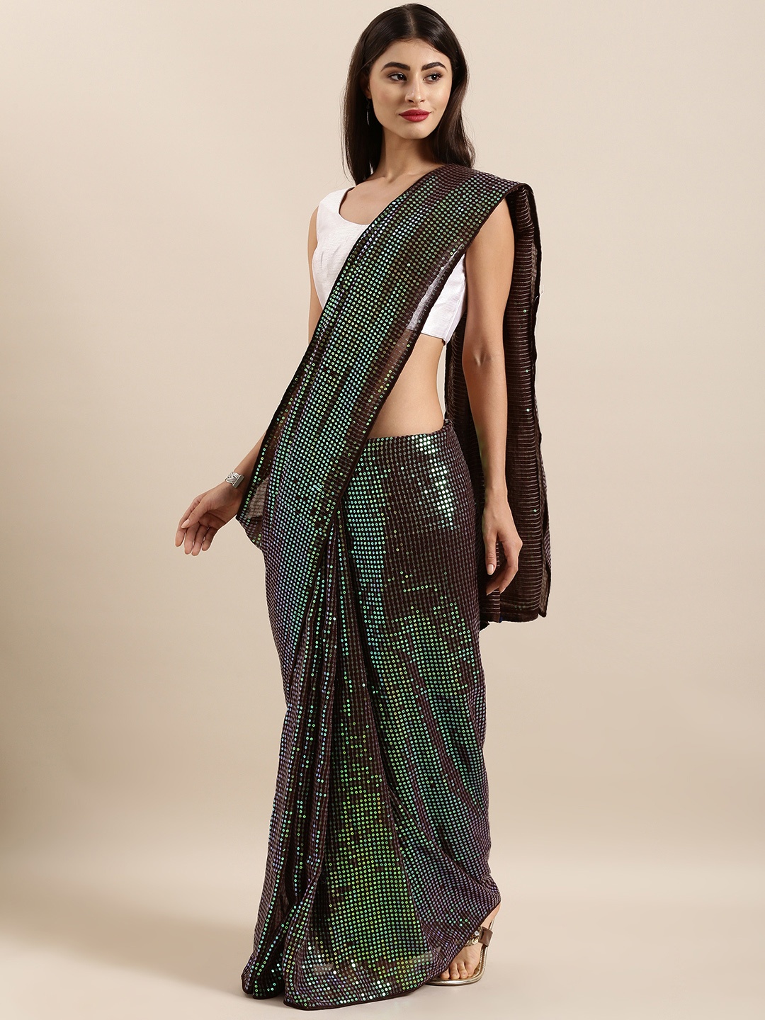 

Sugathari Coffee Brown Embellished Poly Georgette Saree