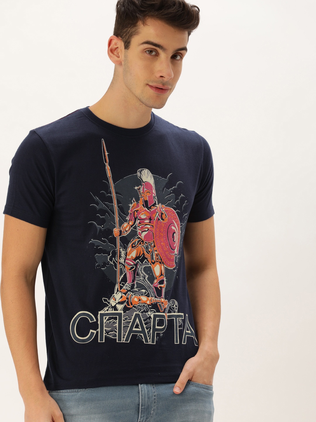 

ARISE Men Navy Blue Printed Round Neck Pure Cotton T-shirt