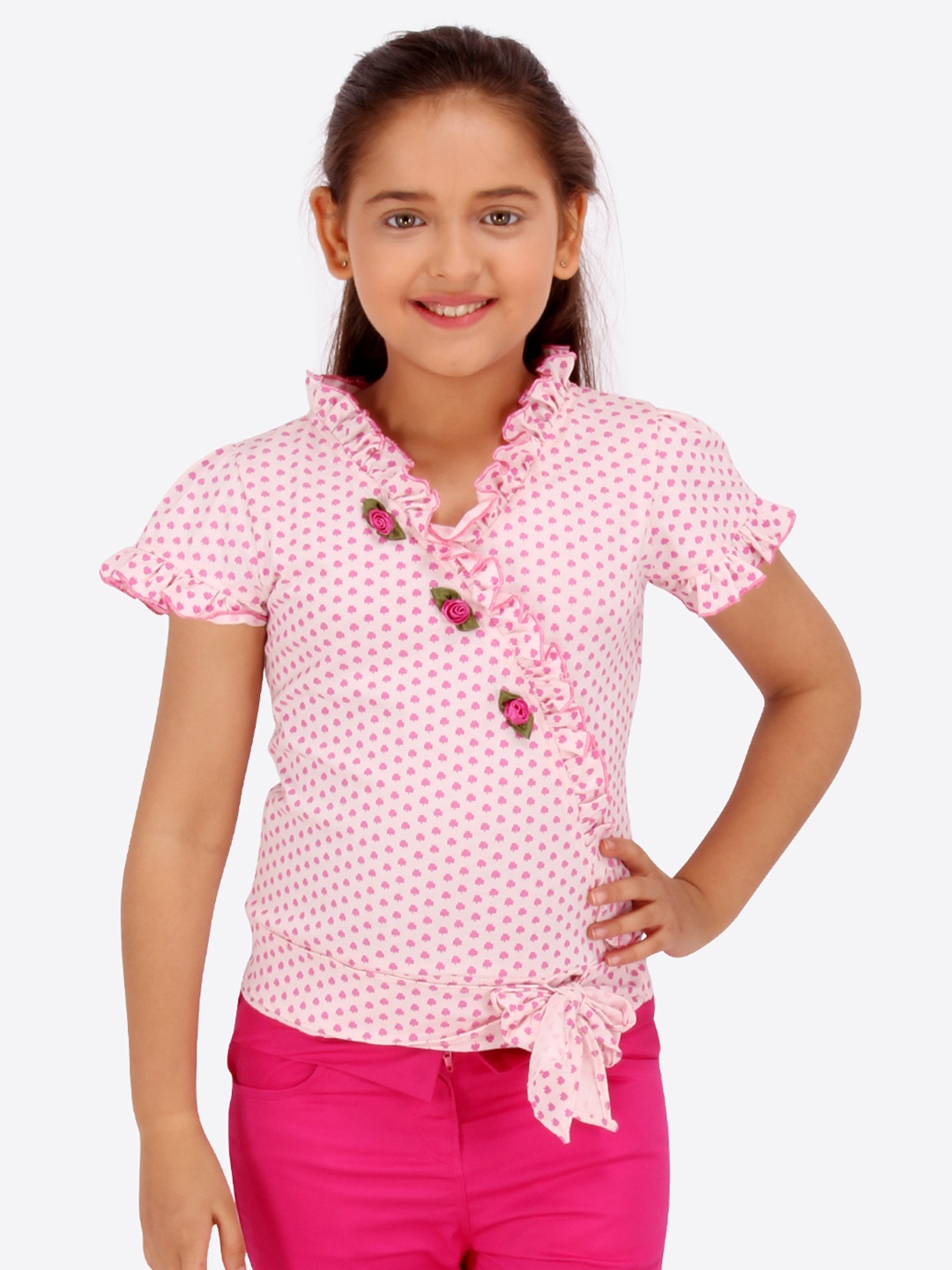

CUTECUMBER Girls Pink Flower Print Blouson Wrap Top