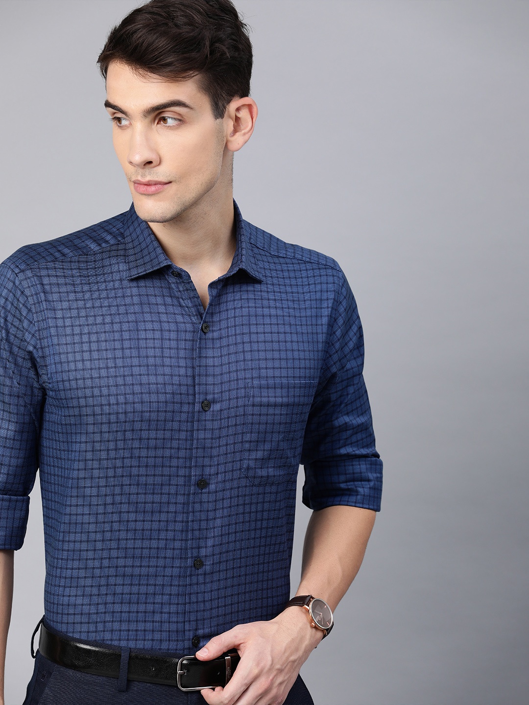 

Louis Philippe Men Navy Blue & Black Slim Fit Checked Formal Shirt