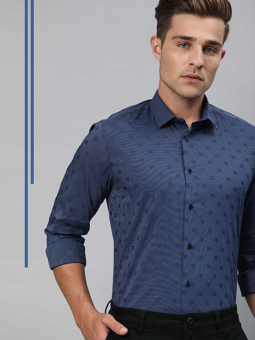 

Louis Philippe Ath.Work Men Navy Blue & White Slim Fit Striped Smart Casual Shirt
