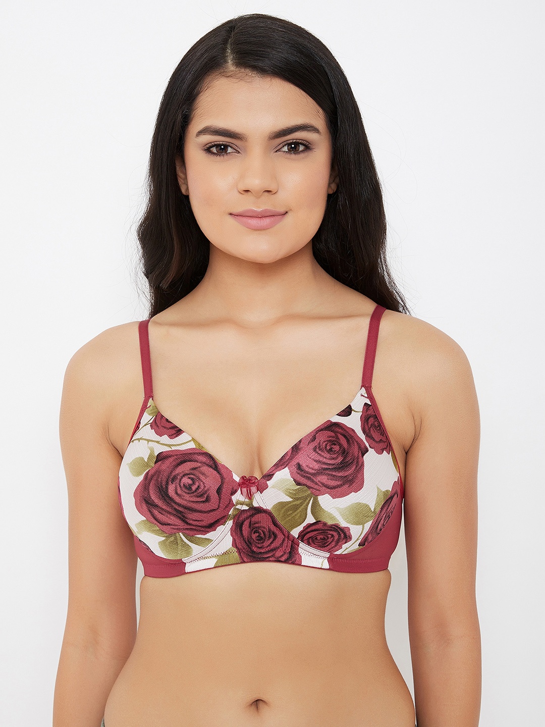

Clovia White & Maroon Floral Printed Non-Wired Lightly Padded T-shirt Bra BR1737J18