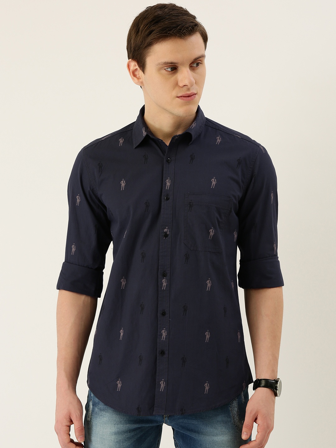 

IVOC Men Navy Blue & Grey Slim Fit Printed Casual Shirt