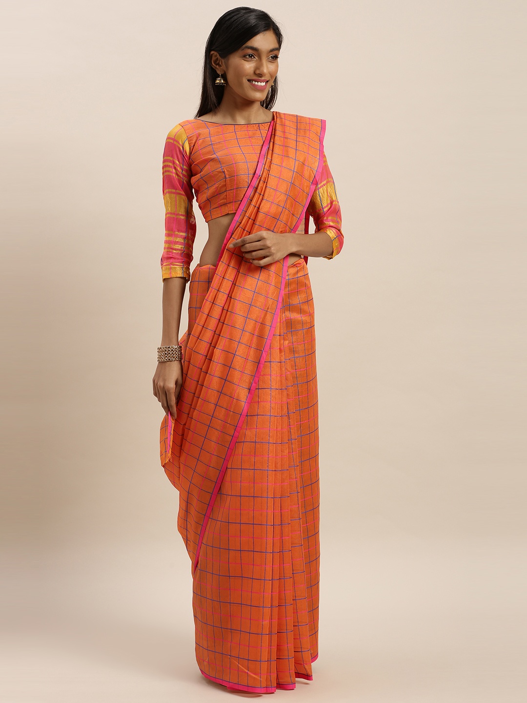 

KALINI Orange & Blue Polycotton Checked Mysore Silk Saree