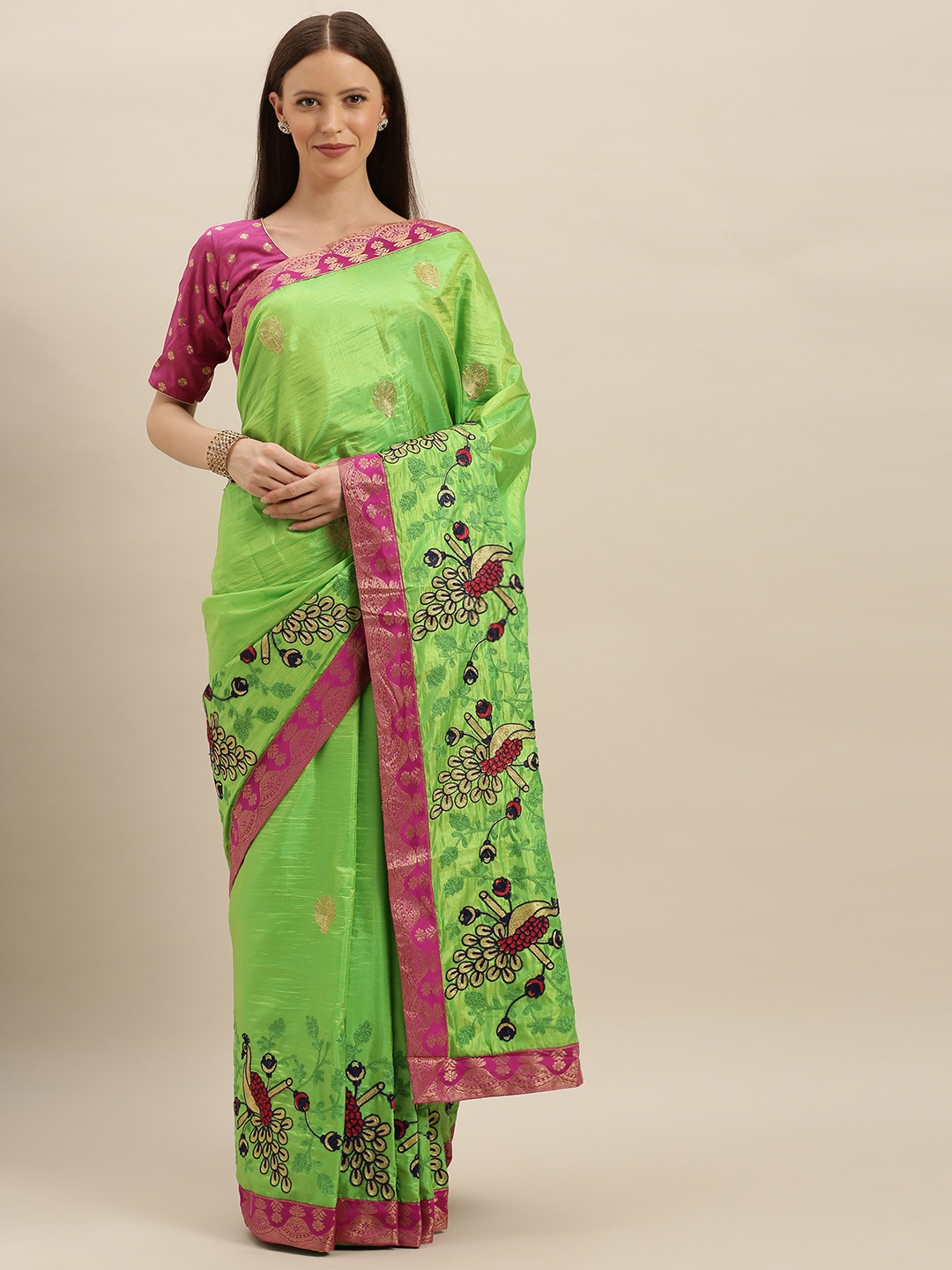 

KALINI Green & Gold-Toned Silk Blend Embroidered Saree