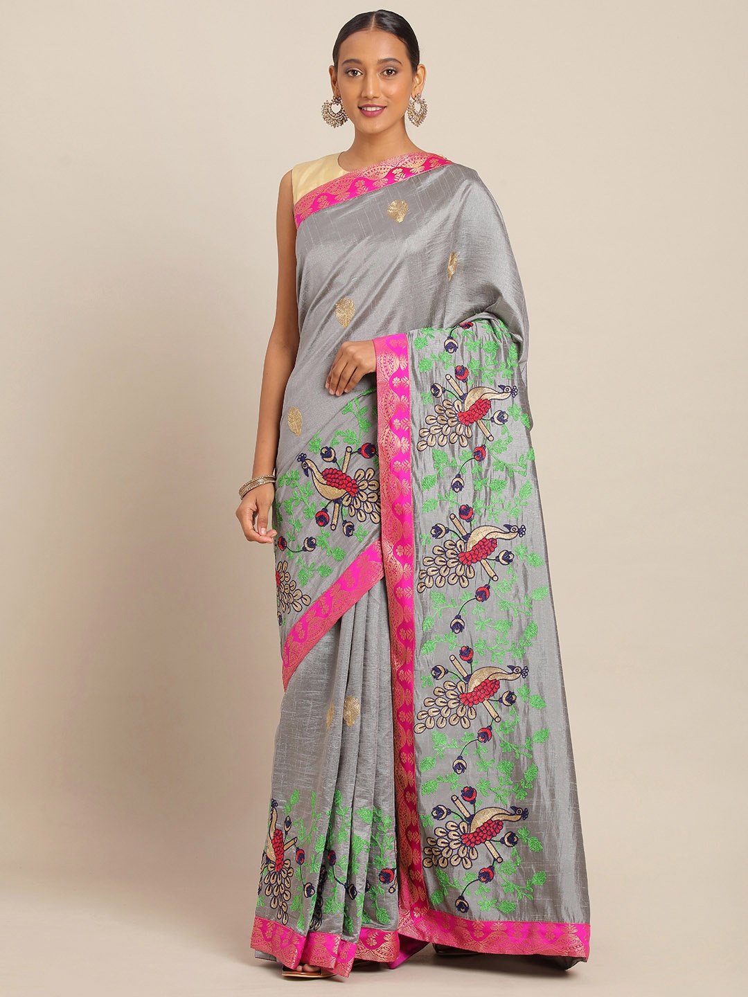 

KALINI Grey & Gold-Toned Silk Blend Embroidered Saree