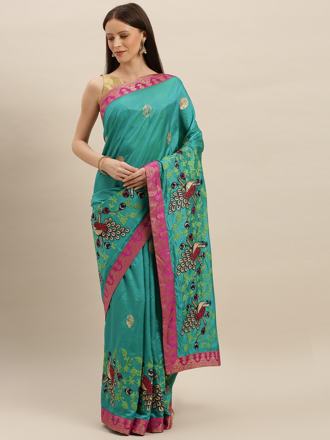 

KALINI Turquoise Blue & Gold-Toned Silk Blend Embroidered Saree