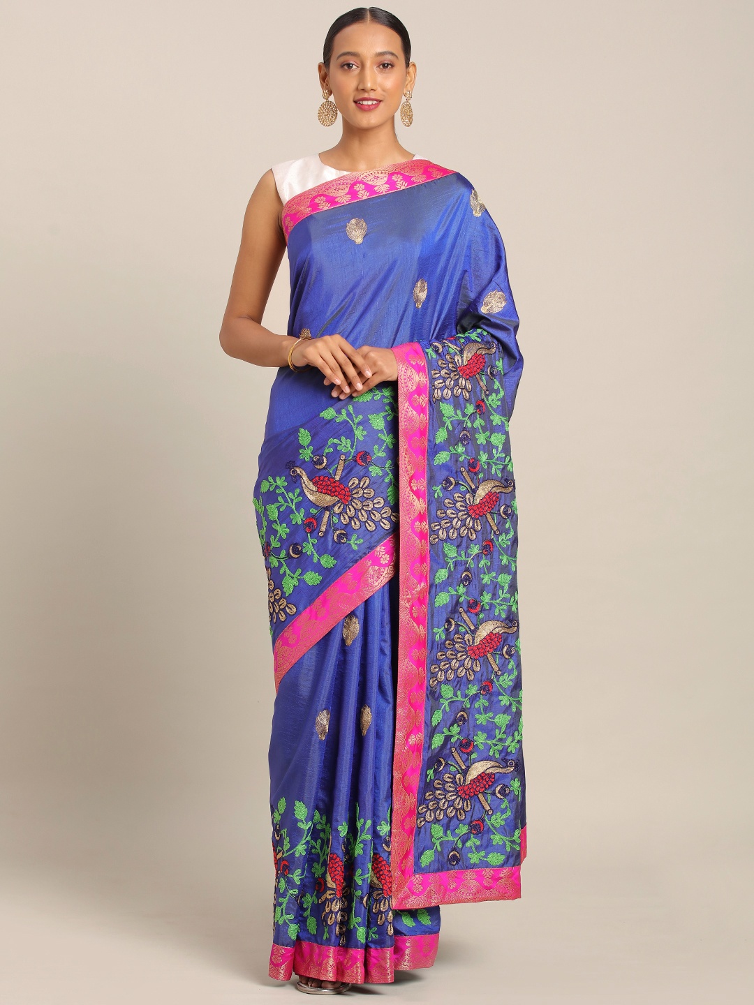 

KALINI Blue & Pink Silk Blend Embroidered Saree