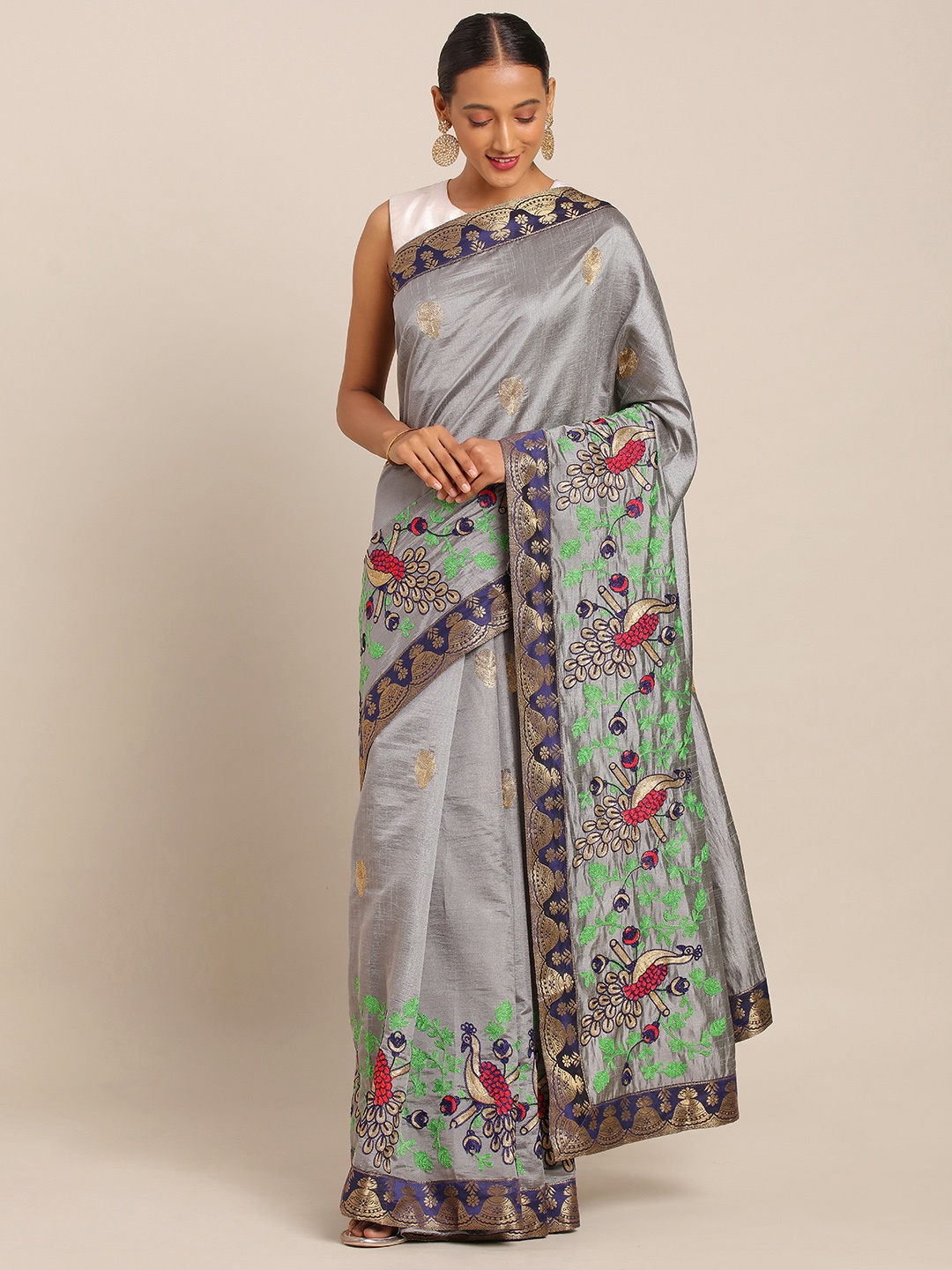 

KALINI Grey & Gold-Toned Silk Blend Embroidered Saree