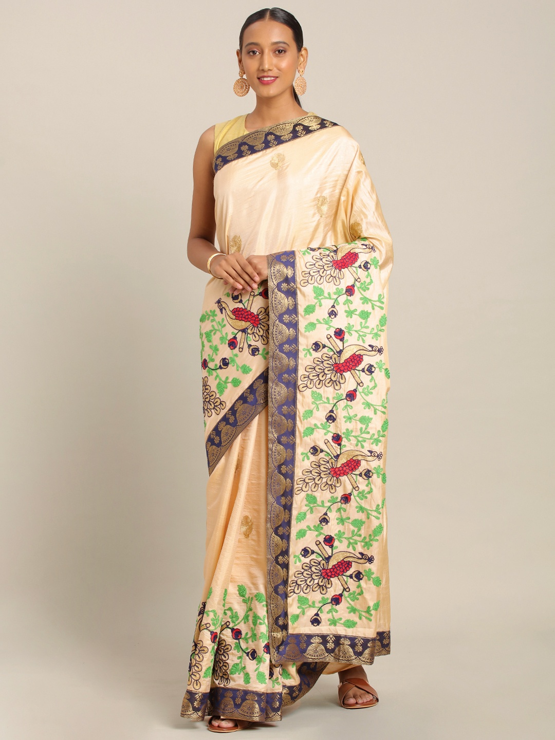 

KALINI Cream-Coloured & Navy Blue Silk Blend Embroidered Saree