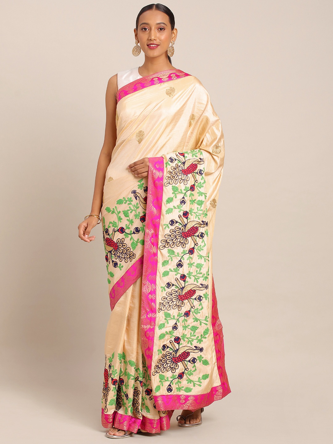 

KALINI Cream-Coloured & Pink Silk Blend Embroidered Saree