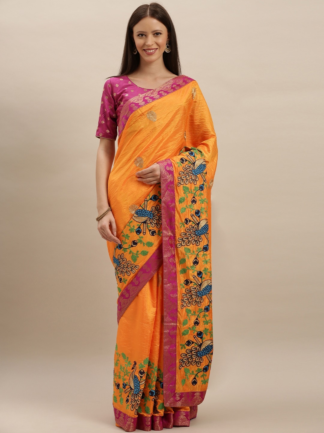 

KALINI Orange & Pink Silk Blend Embroidered Saree