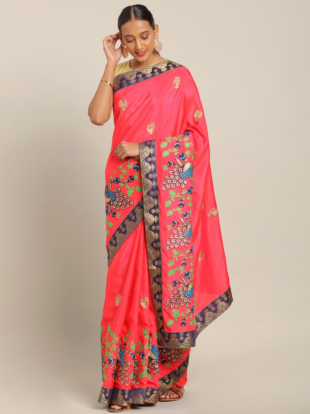 

KALINI Pink & Gold-Toned Silk Blend Embroidered Saree