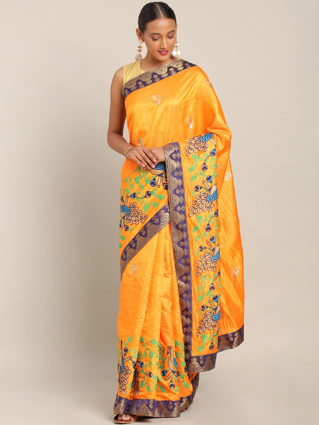 

KALINI Orange & Turquoise Blue Silk Blend Embroidered Saree