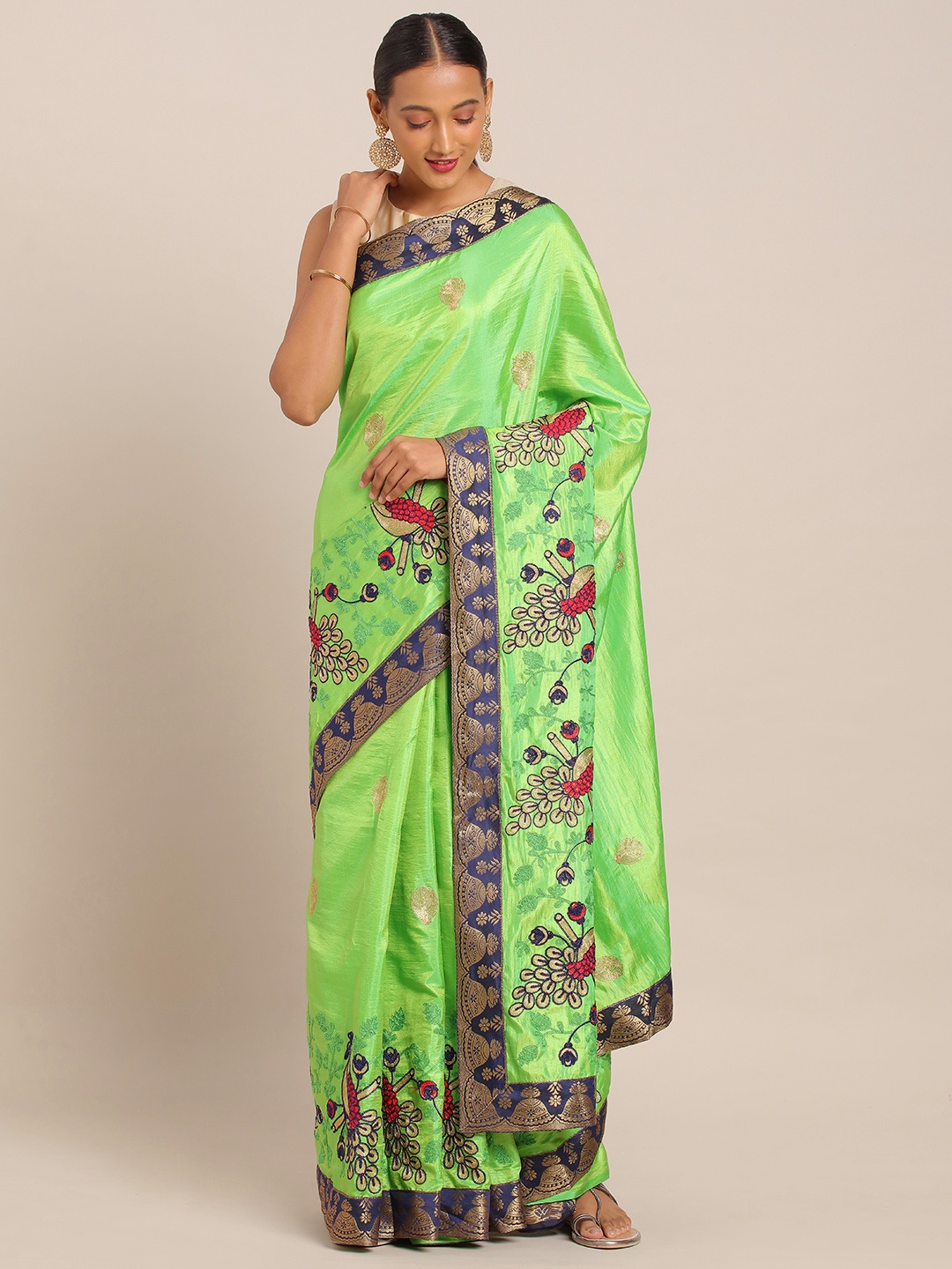 

KALINI Fluorescent Green & Gold-Toned Silk Blend Embroidered Saree