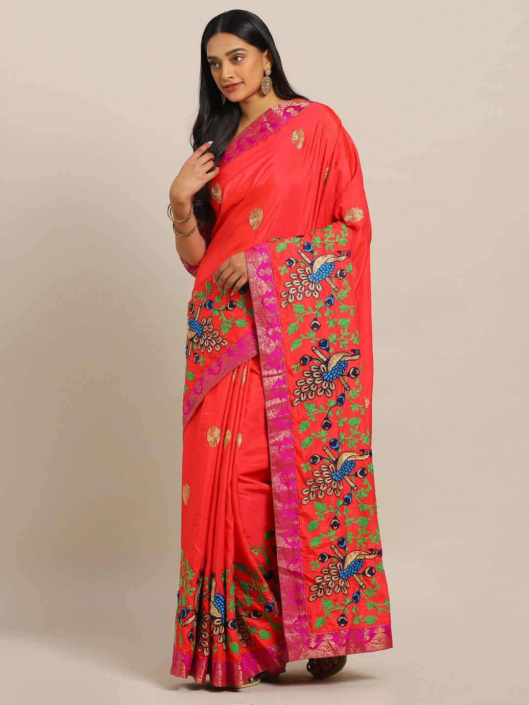 

KALINI Orange & Gold-Toned Silk Blend Embroidered Saree