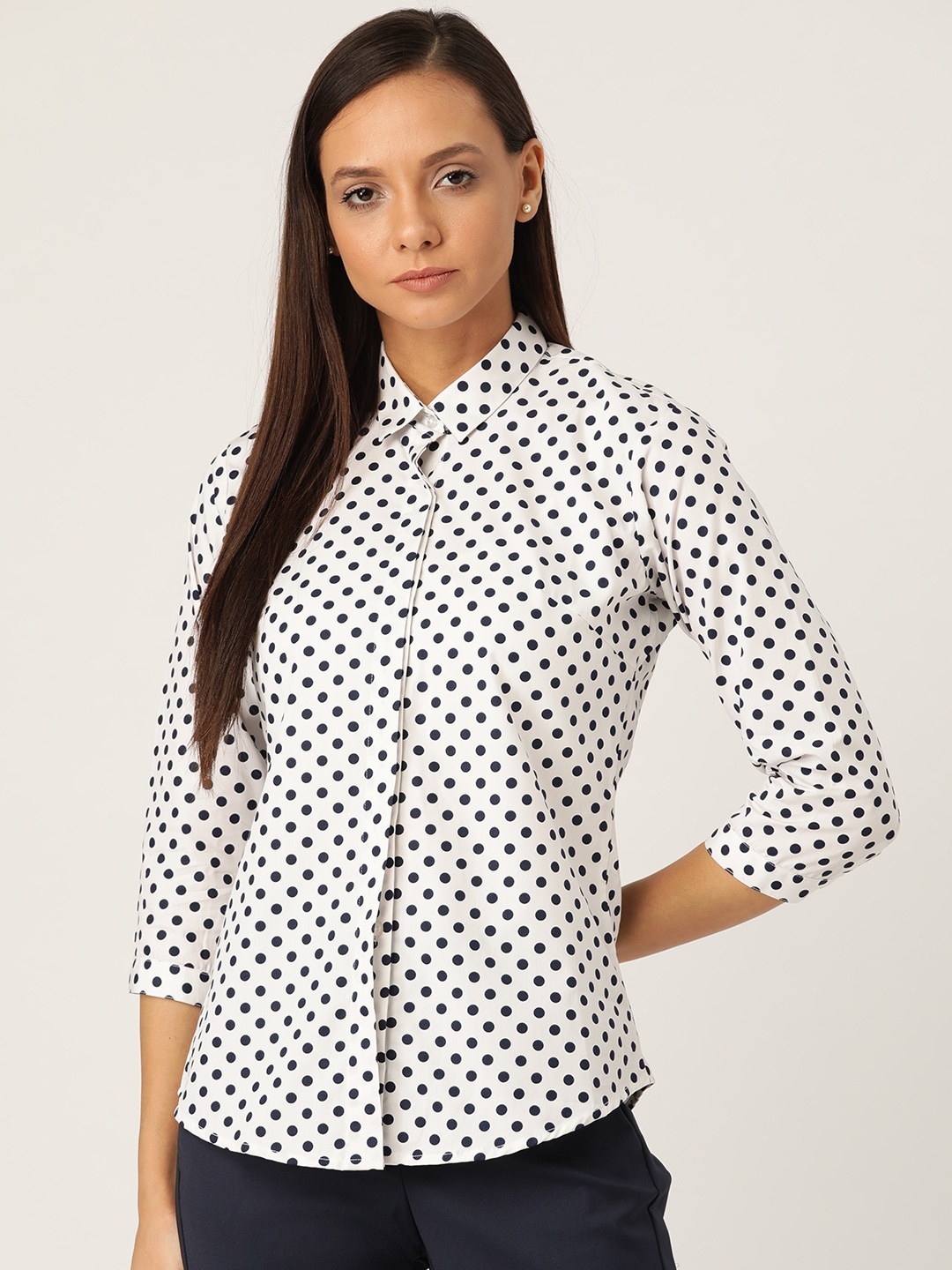 

Hancock Women White & Navy Blue Slim Fit Printed Formal Shirt
