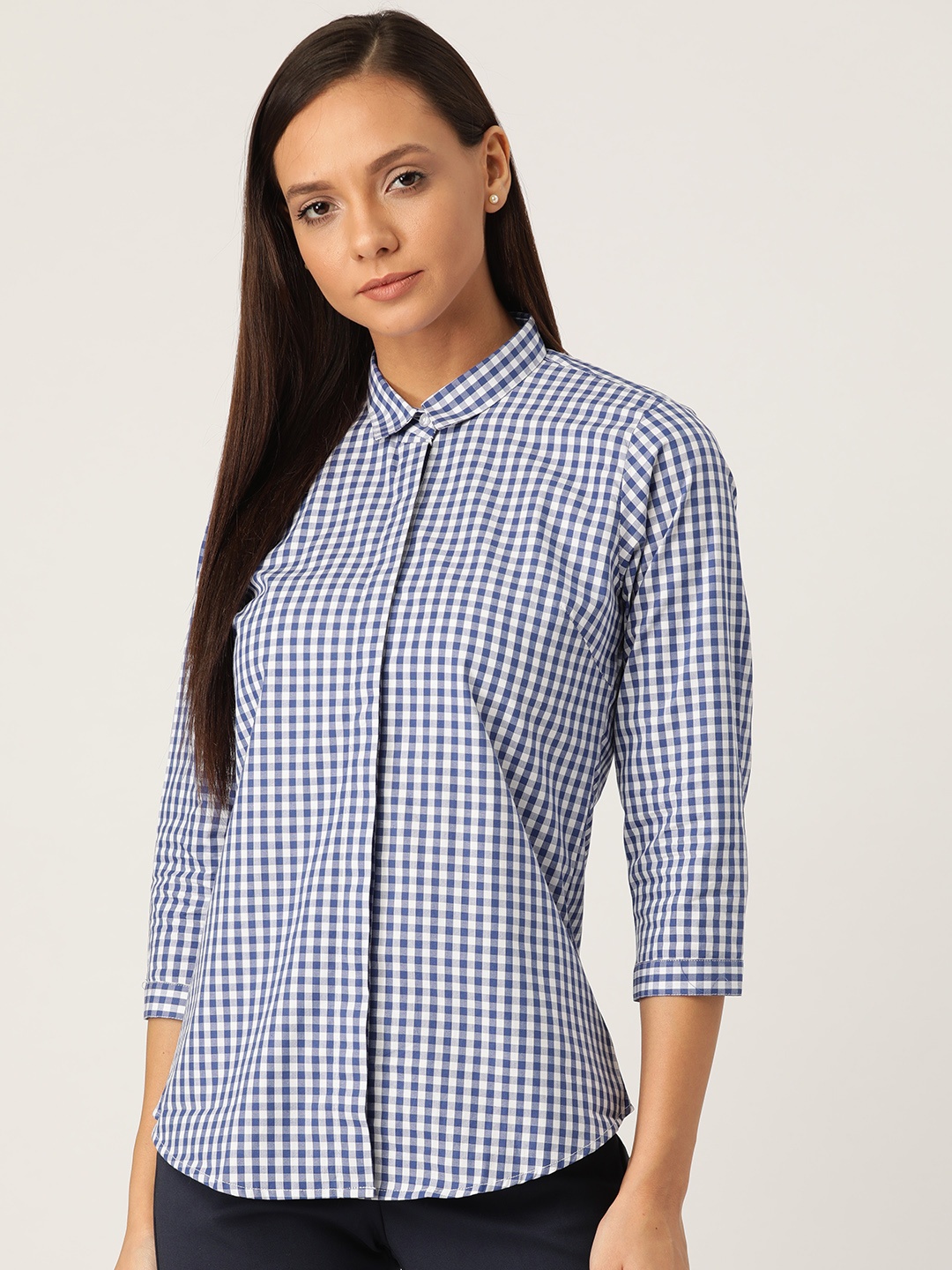

Hancock Women Blue & White Slim Fit Checked Formal Shirt