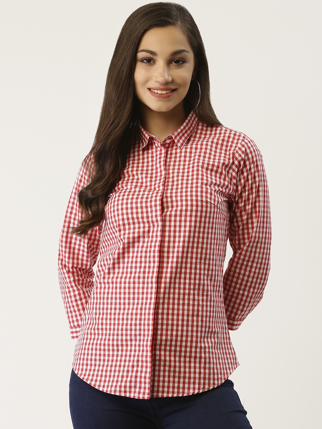 

Hancock Women Red & White Slim Fit Checked Formal Shirt