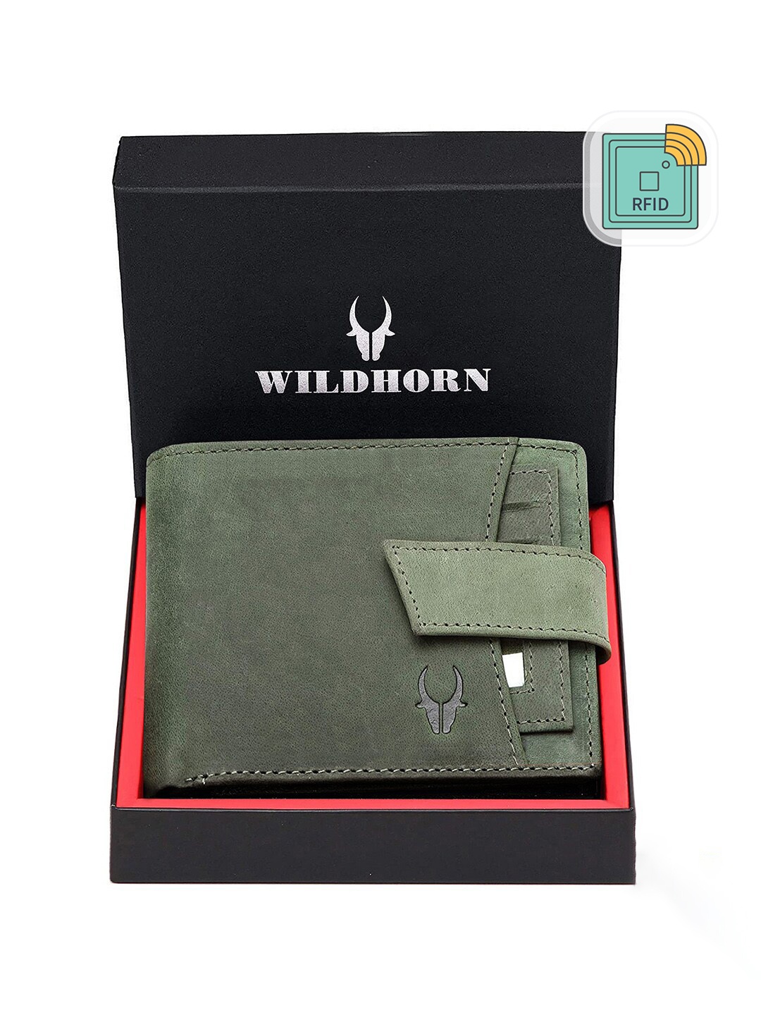 

WildHorn Men Green Solid RFID Protected Genuine Leather Two Fold Wallet