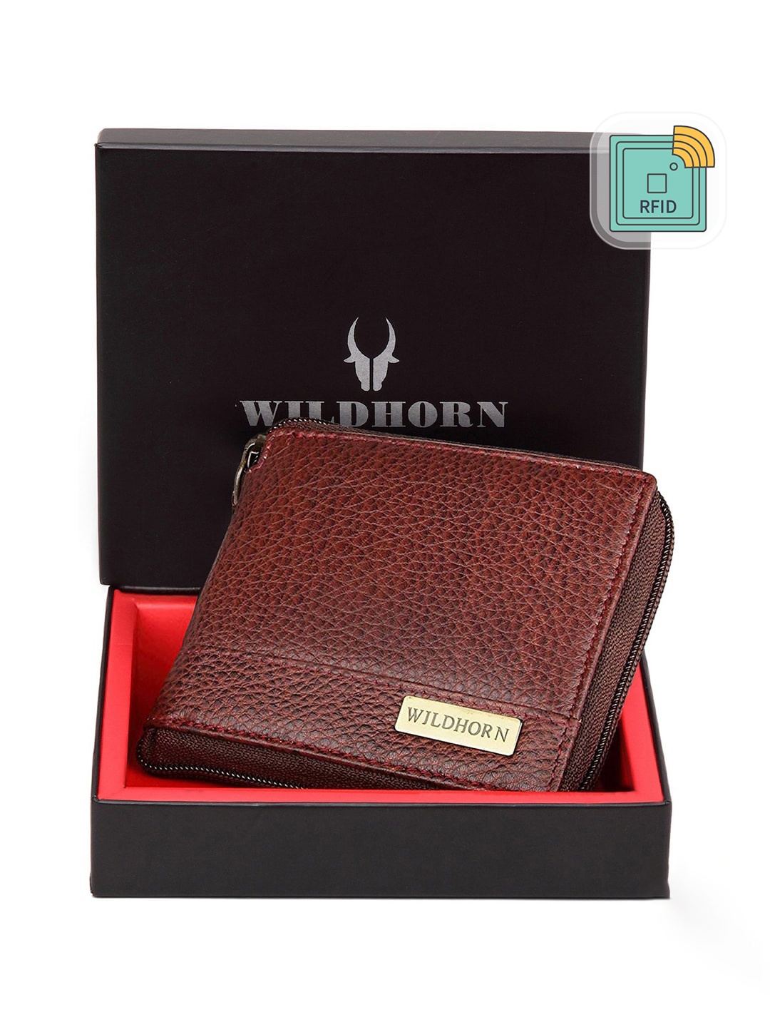 

WildHorn Men Maroon Solid RFID Protected Genuine Leather Zip Around Wallet