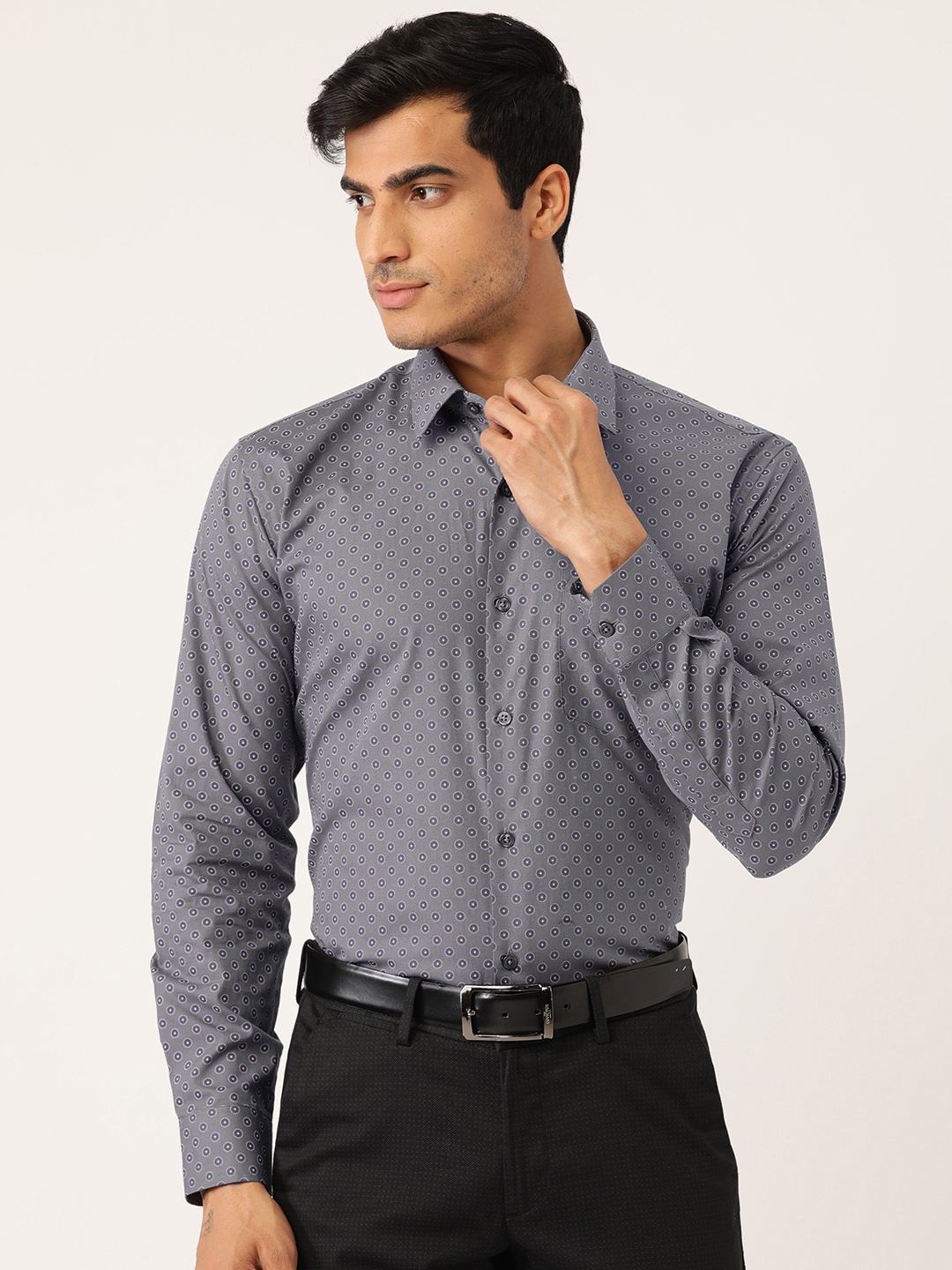 

Hancock Men Grey & Purple Slim Fit Printed Formal Shirt