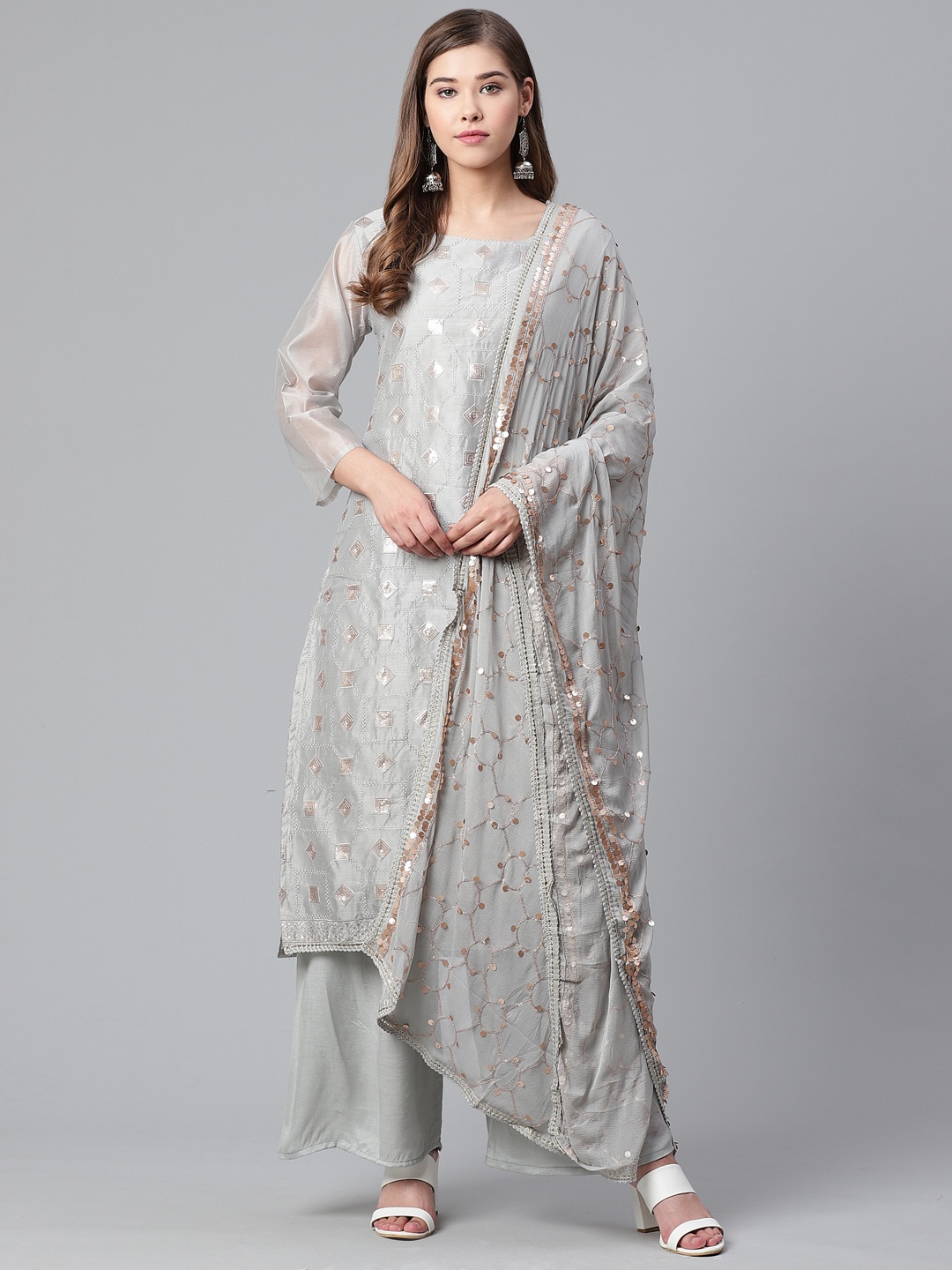 

Ishin Women Grey & Golden Embroidered Kurta with Palazzos & Dupatta