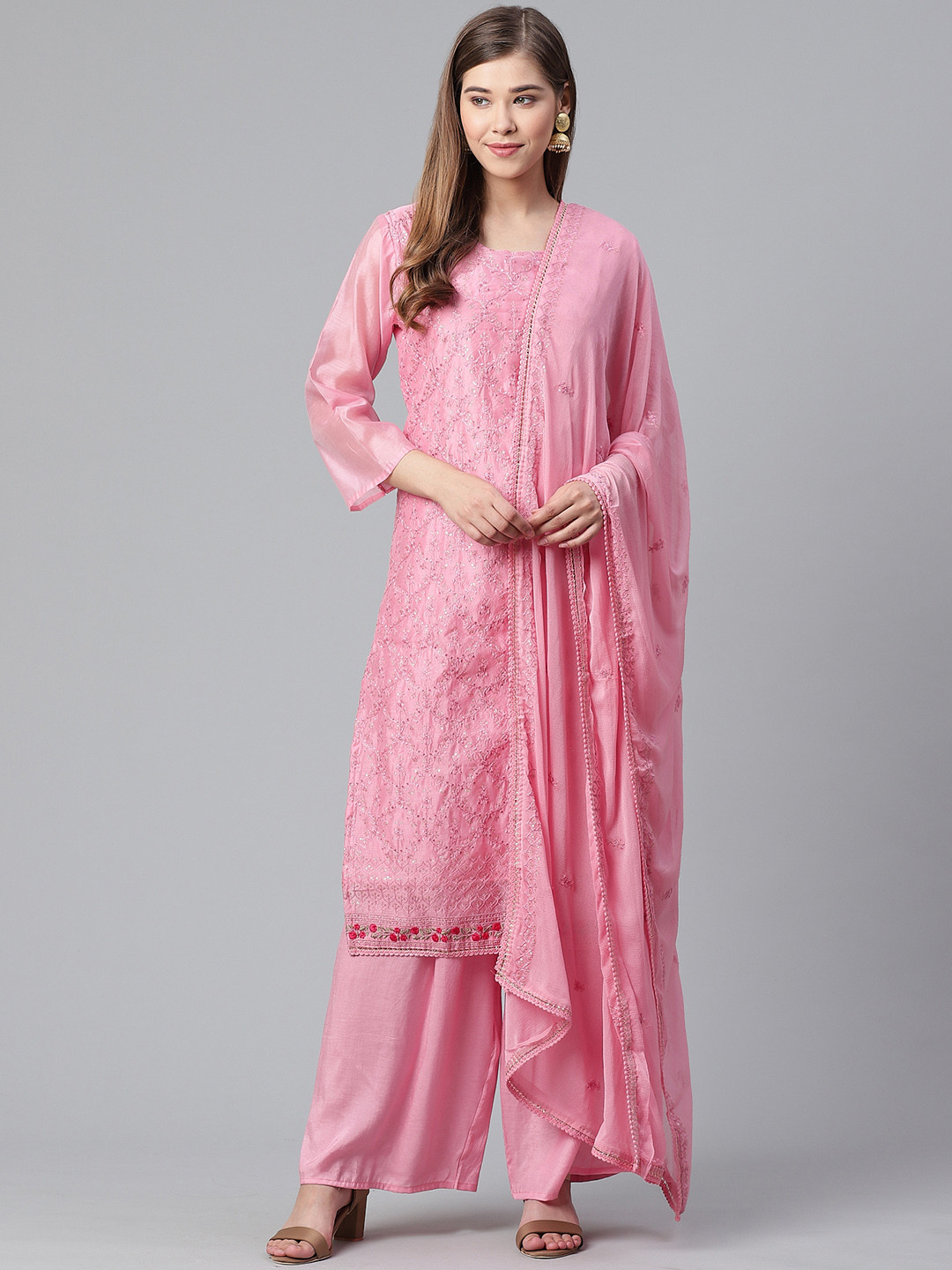 

Ishin Women Pink & Silver Ethnic Embroidered Kurta with Palazzos & Dupatta