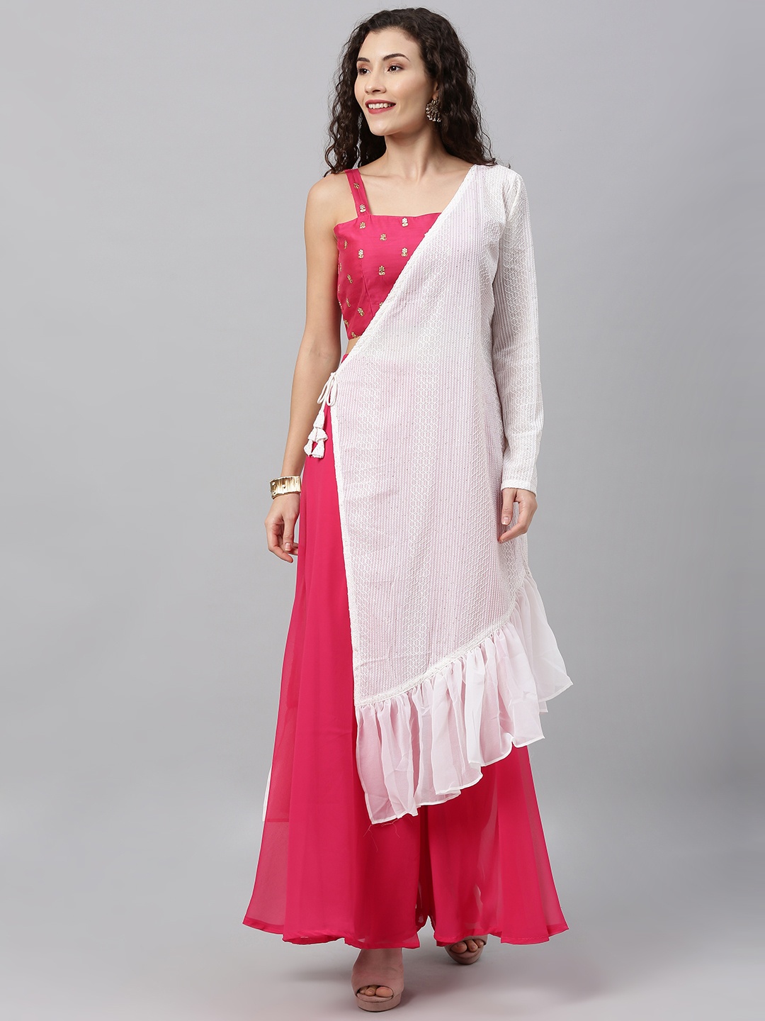 

Ethnovog Women Pink White Embroidered Top with Skirt and Jacket