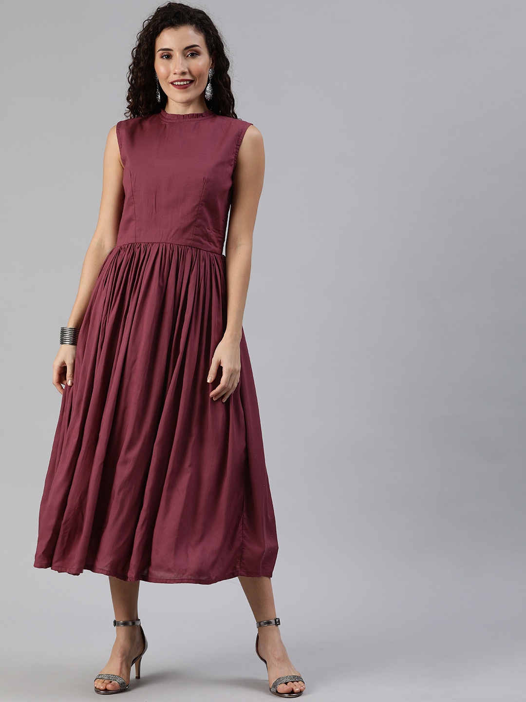 

Ethnovog Women Burgundy Solid Made to Measure A-Line Dress with Gather Details