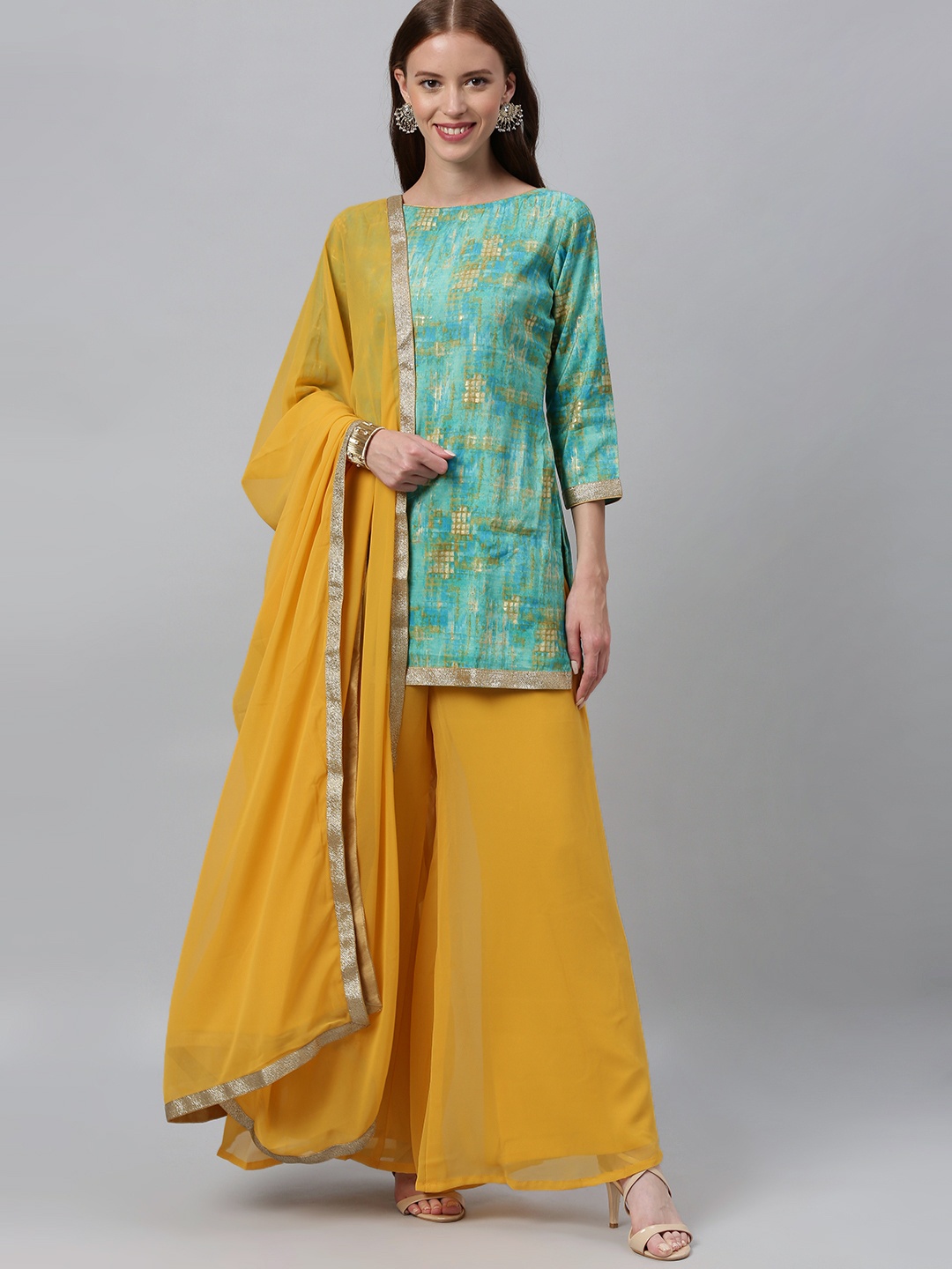 

Ethnovog Women Sea Green Mustard Yellow Dyed Made to Measure Kurta Set