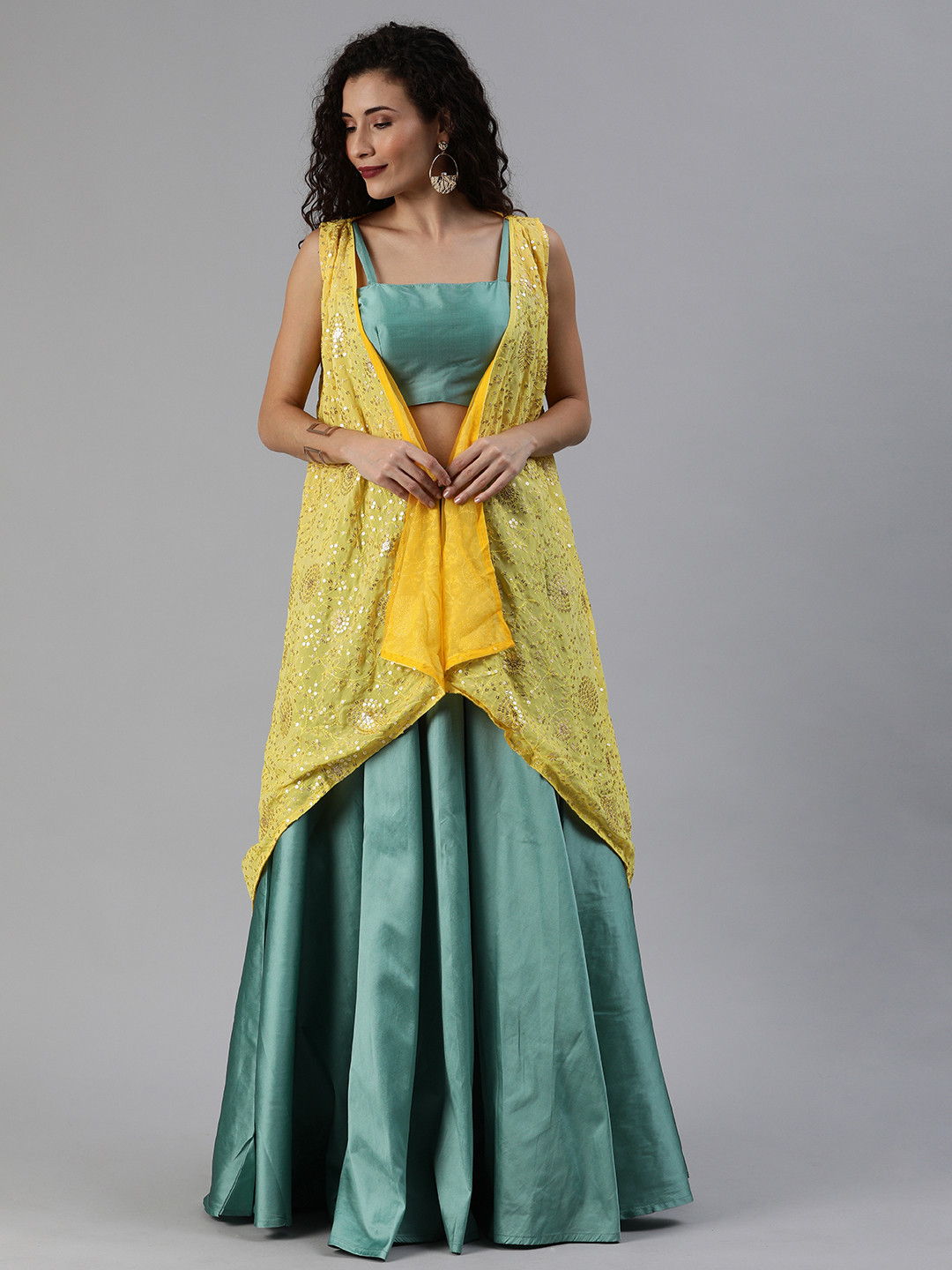 

Ethnovog Turquoise Blue Solid Made to Measure Lehenga with Blouse Ethnic Jacket