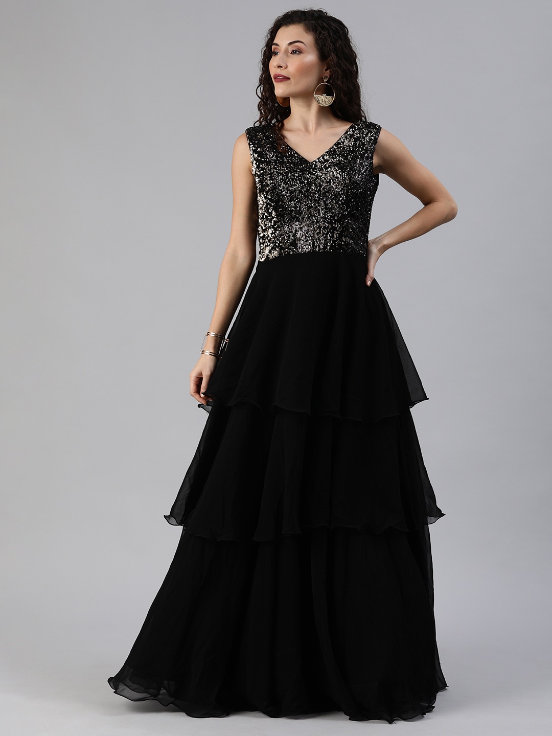 

Ethnovog Women Black Sequins Embellished Made To Measure Cocktail Gown Dress