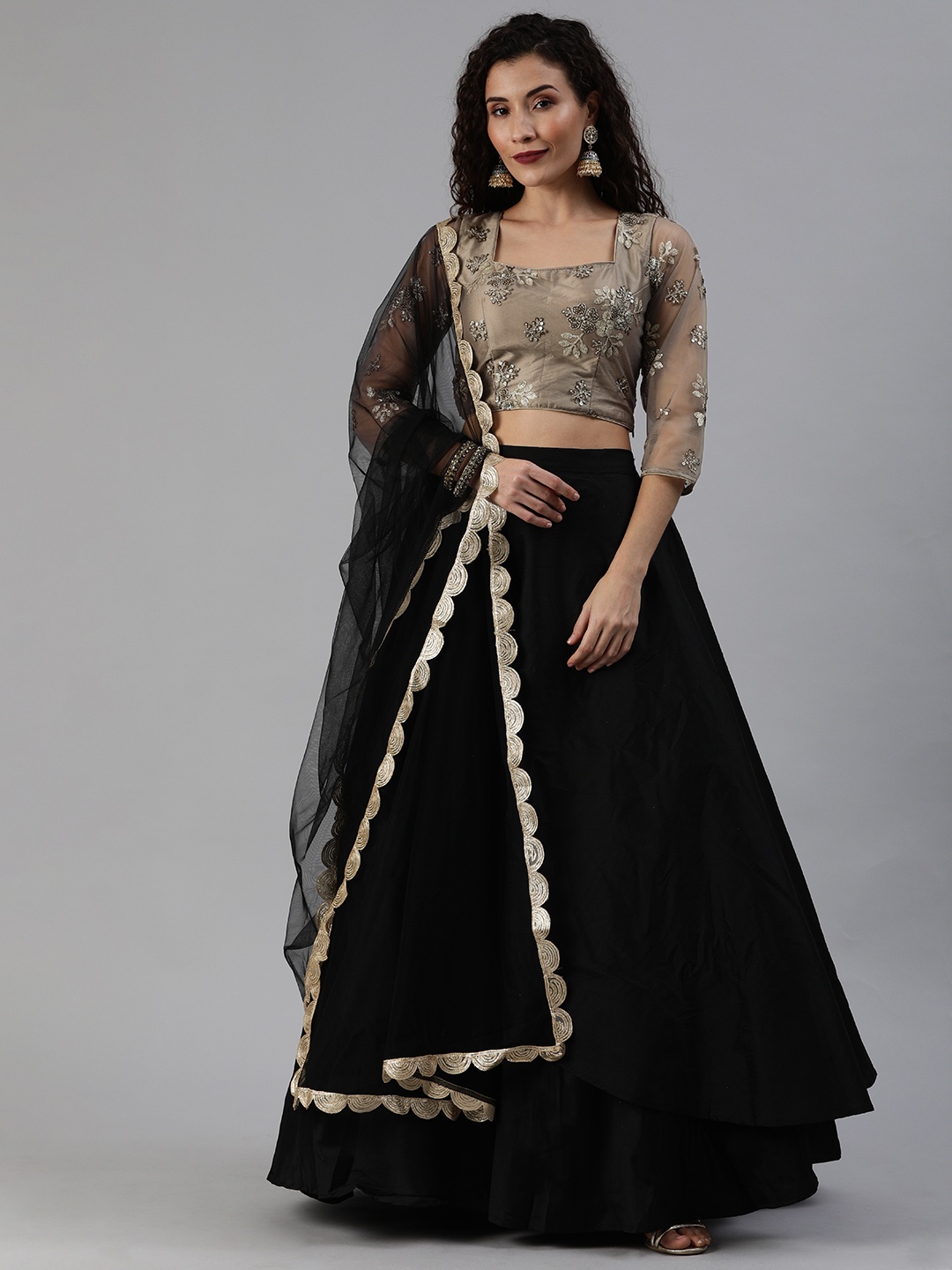 

Ethnovog Grey Black Embellished Made to Measure Lehenga Blouse with Dupatta