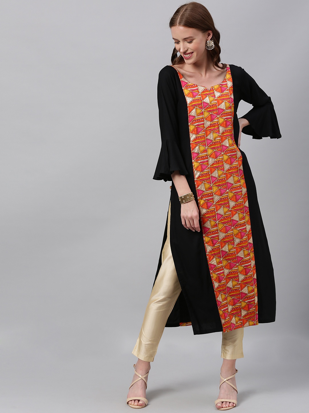 

Ethnovog Women Black Orange Printed Straight Made To Measure Kurta