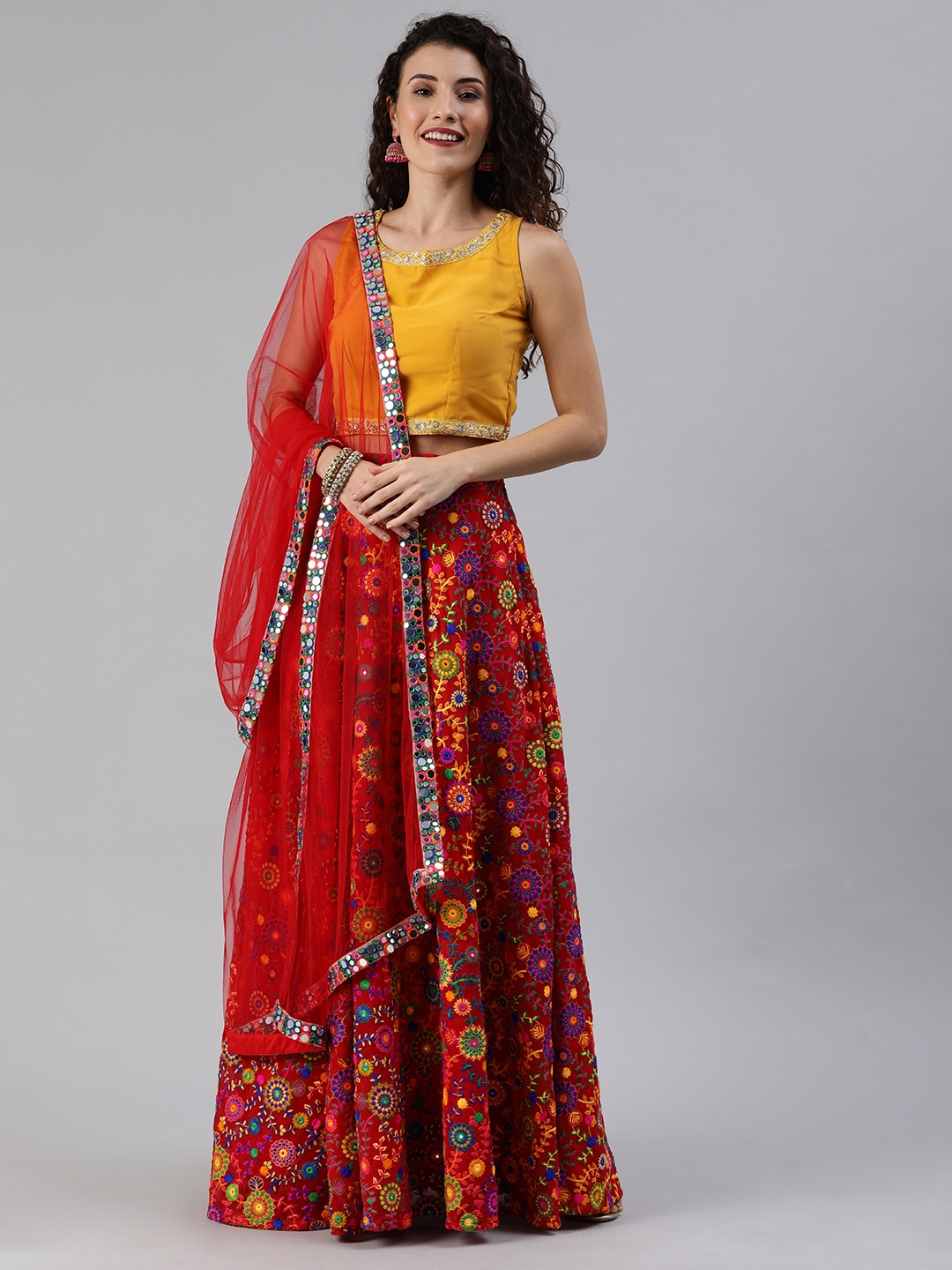 

Ethnovog Yellow Multicoloured Embroidered Made to Measure Lehenga Blouse with Dupatta