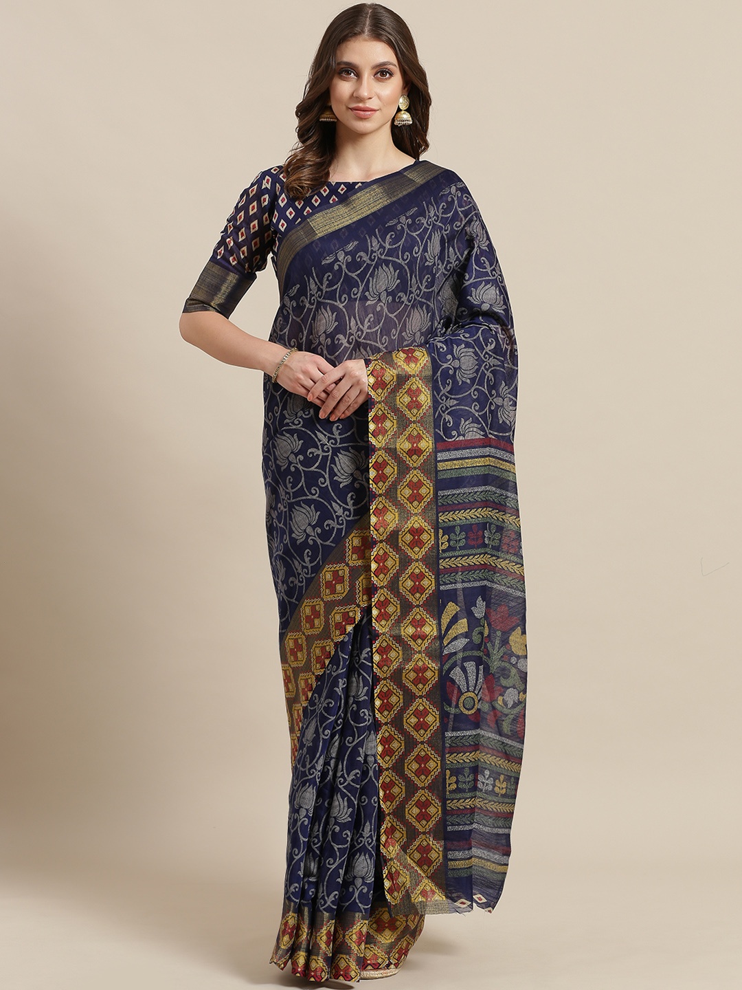 

Saree mall Navy Blue & Grey Brasso Woven Design Saree