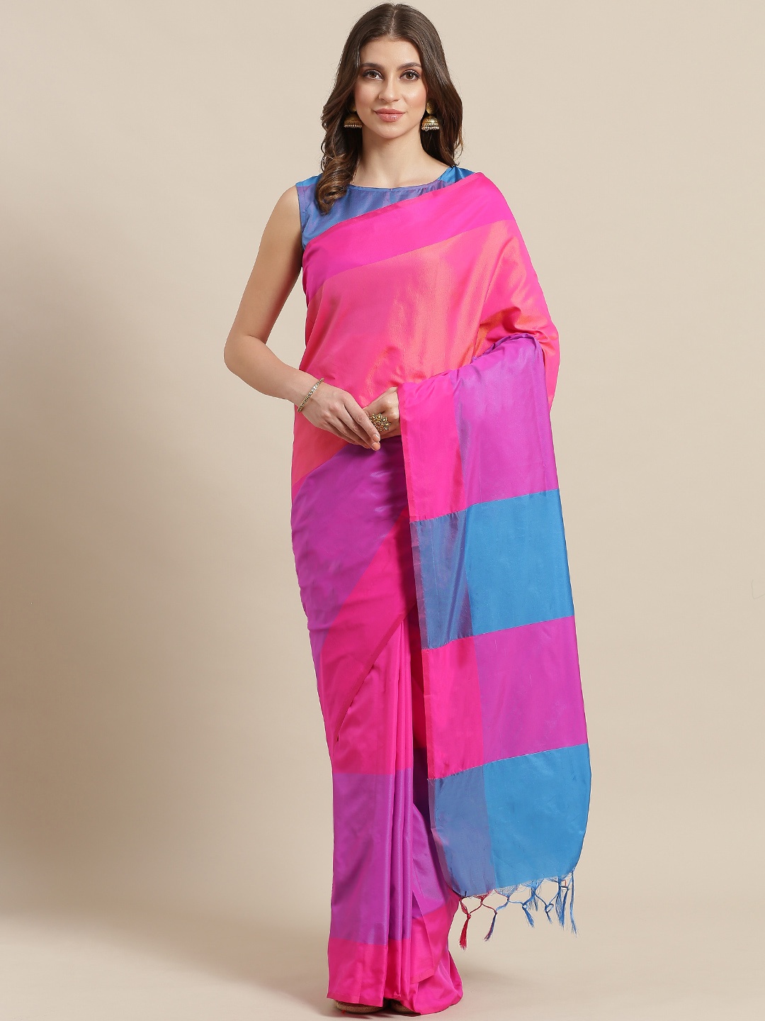 

Saree mall Pink & Blue Colourblocked Maheshwari Saree