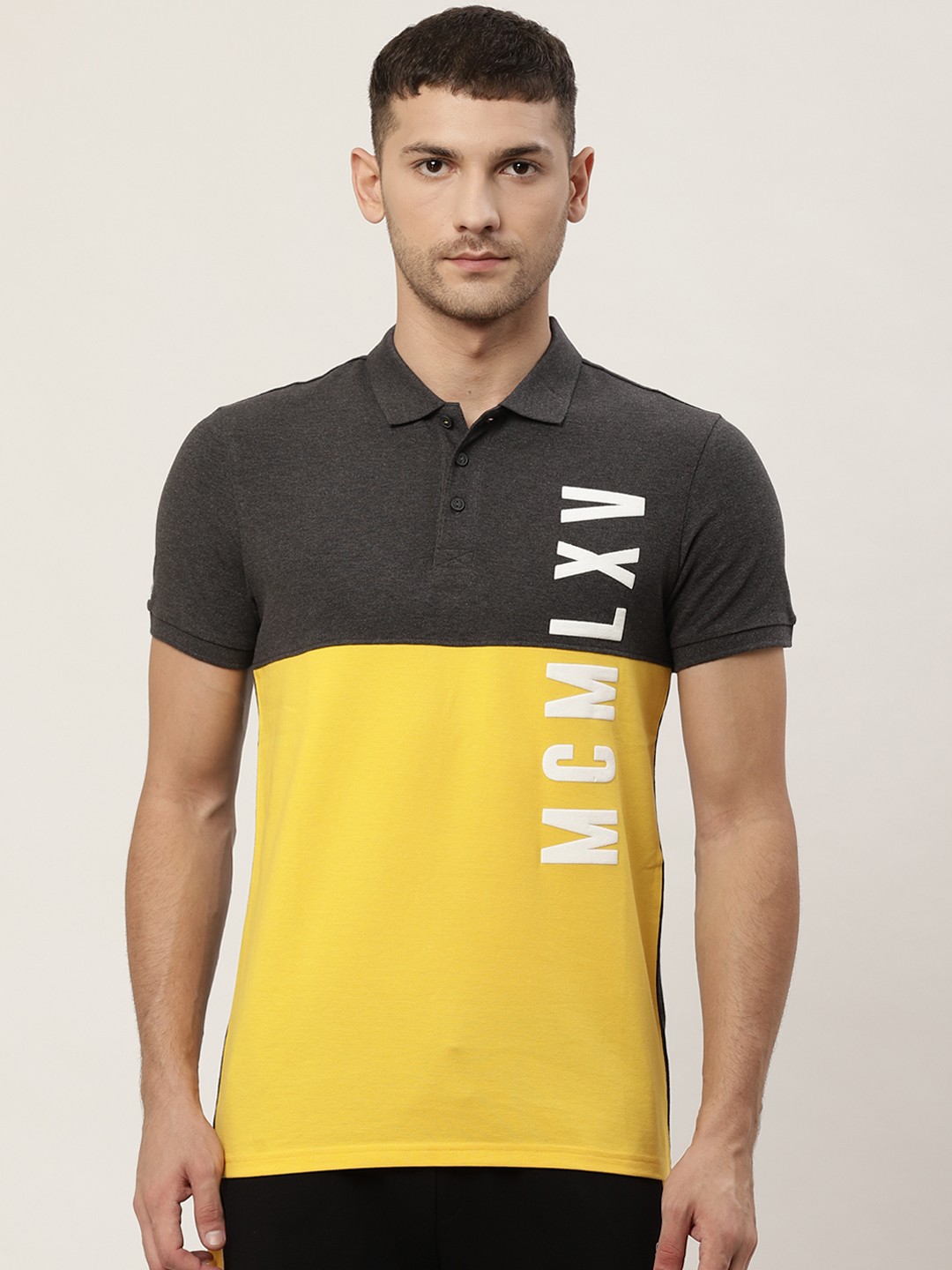 

United Colors of Benetton Men Charcoal Grey & Yellow Colourblocked Polo Collar T-shirt