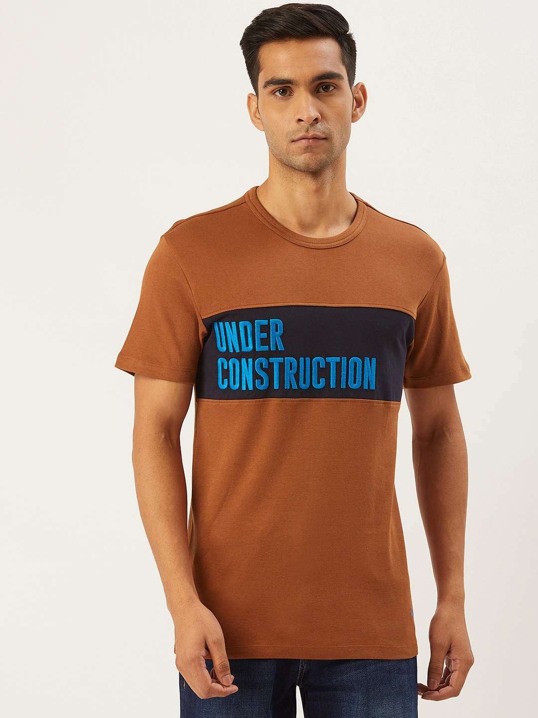 

United Colors of Benetton Men Rust Brown Blue Self-Design Round Neck Pure Cotton T-shirt