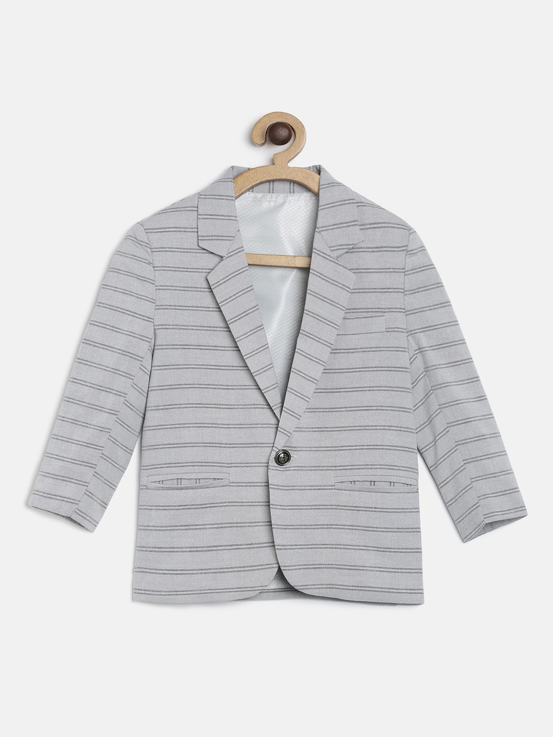 

RIKIDOOS Boys Grey & Black Striped Regular Fit Single-Breasted Pure Cotton Blazer