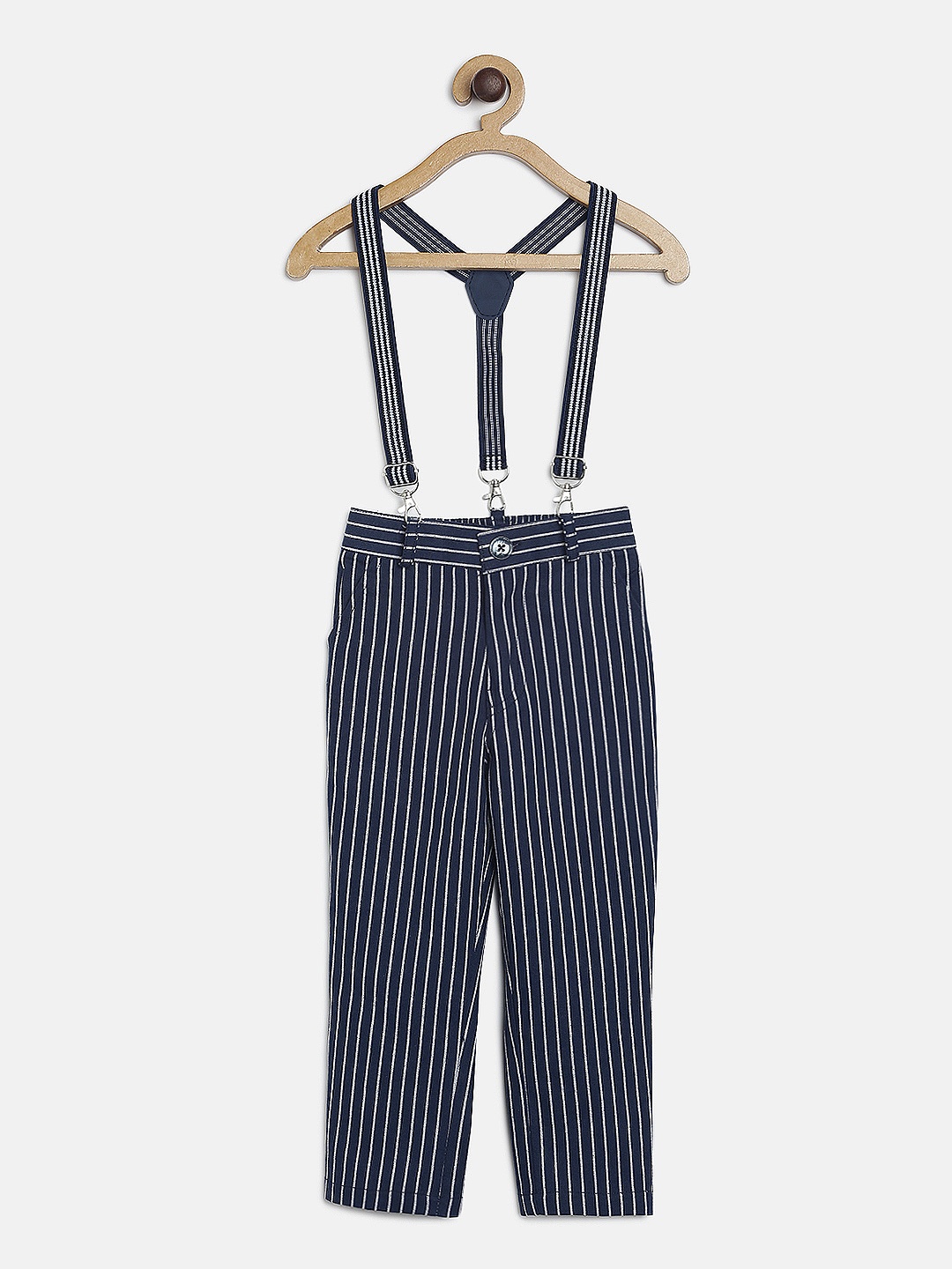 

RIKIDOOS Boys Navy Blue & White Striped Regular Fit Trousers With Suspenders