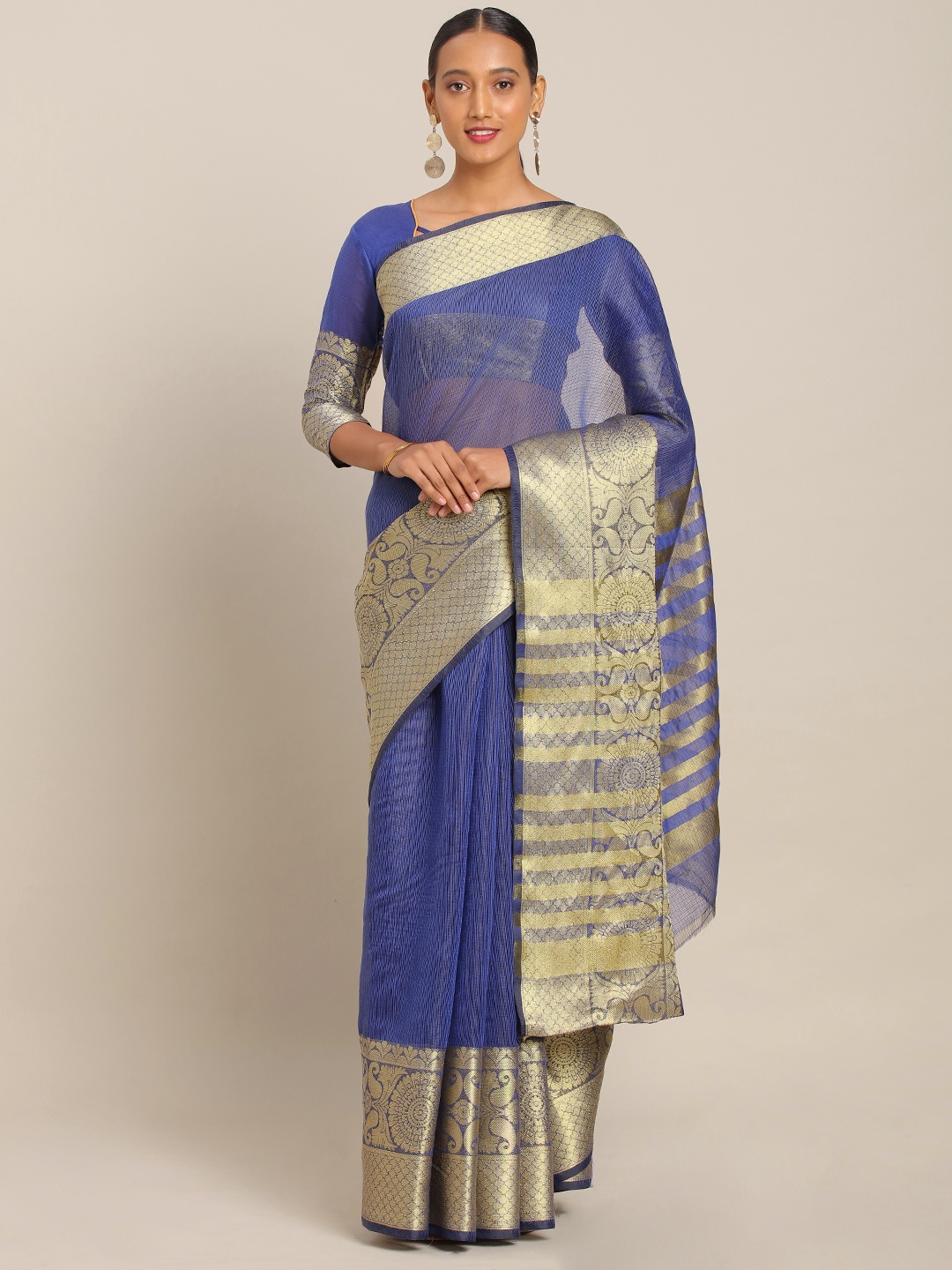 

KALINI Navy Blue & Gold-Toned Polycotton Solid Kota Sheer Saree