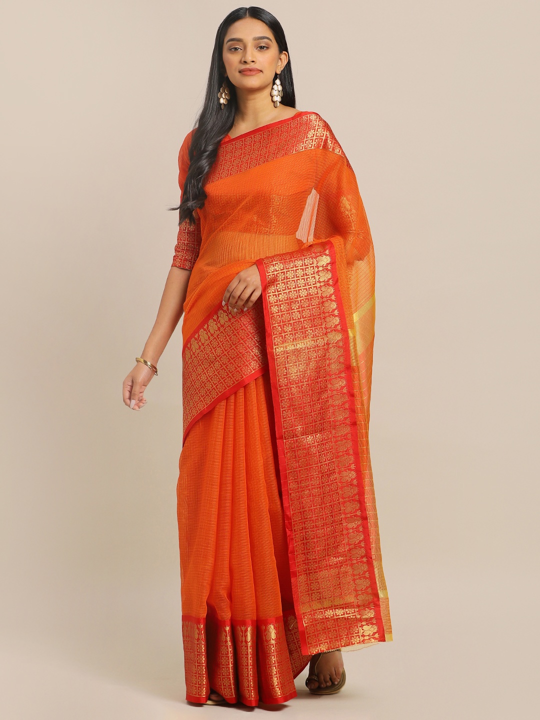 

KALINI Orange & Red Polycotton Solid Kota Saree