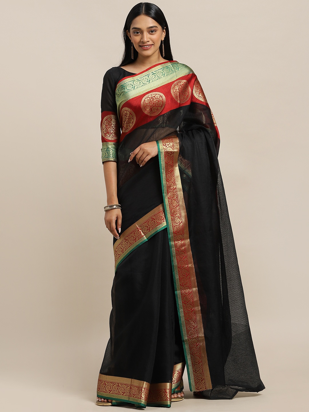 

KALINI Black & Maroon Polycotton Woven Design Kota Saree