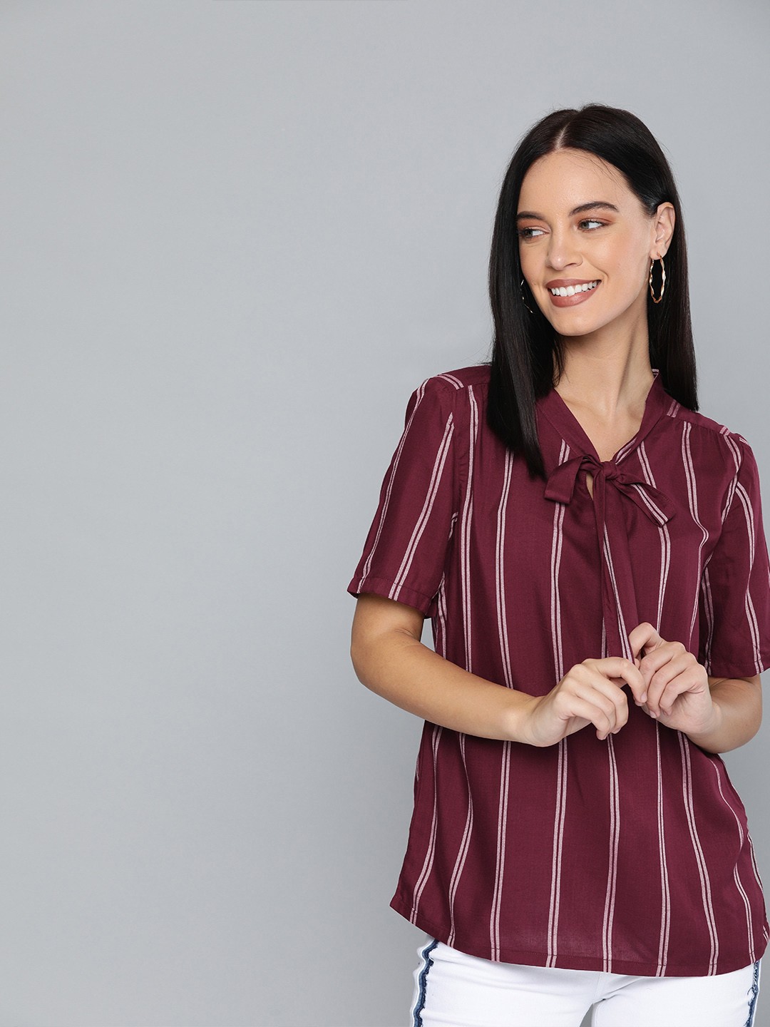 

HERE&NOW Women Brown & White Striped Top With Tie-up Neck