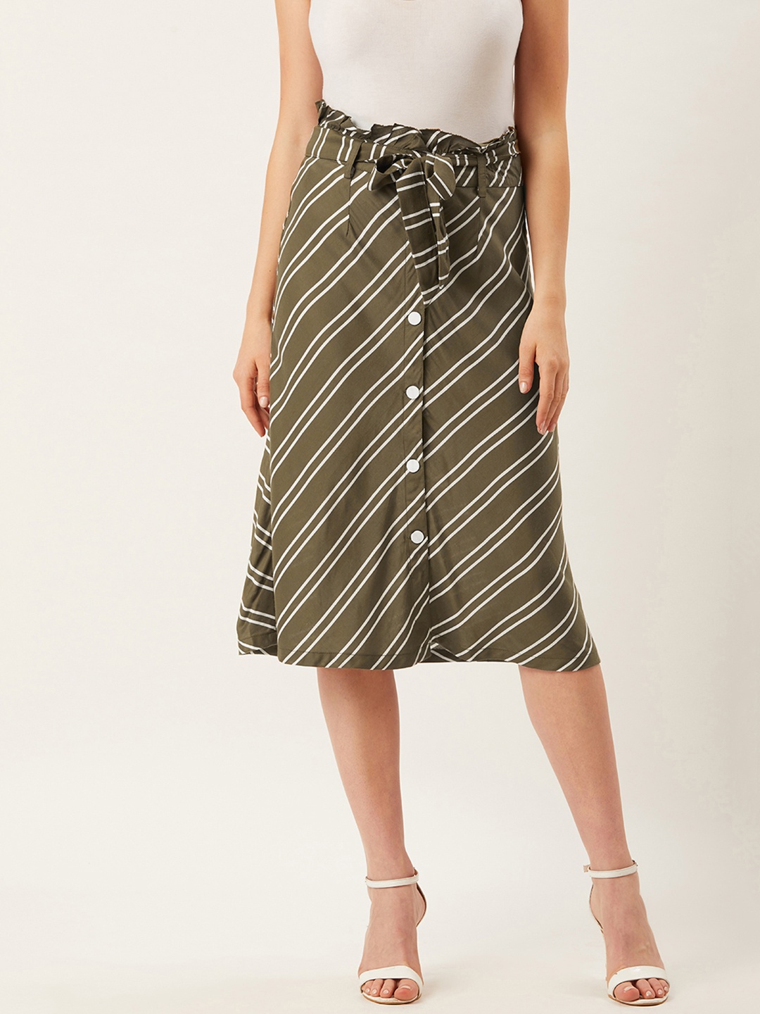 

Alsace Lorraine Paris Women Olive-Green & White Striped A-Line Skirt With Belt
