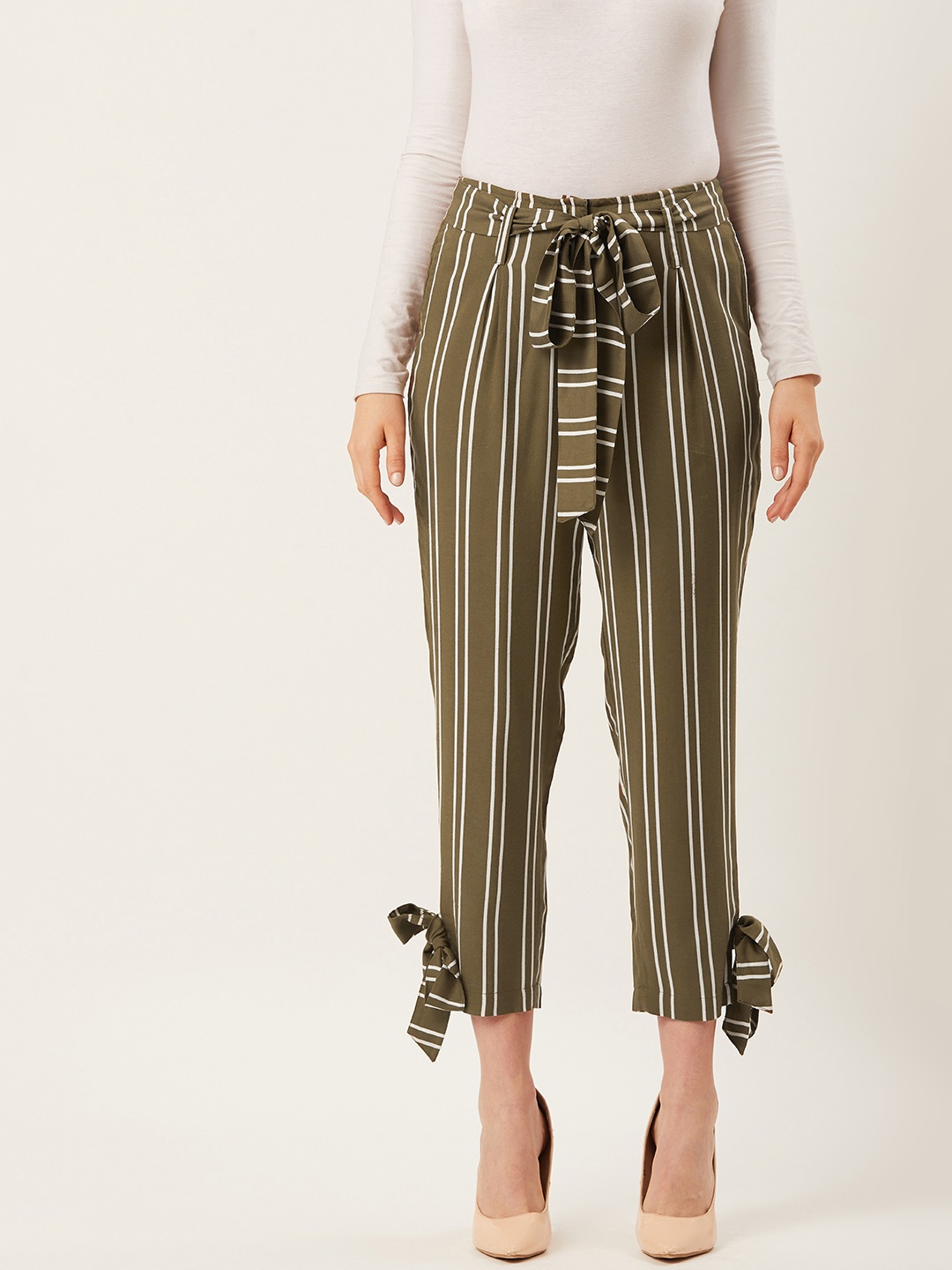 

Alsace Lorraine Paris Women Olive Green & White Regular Fit Striped Cropped Trousers